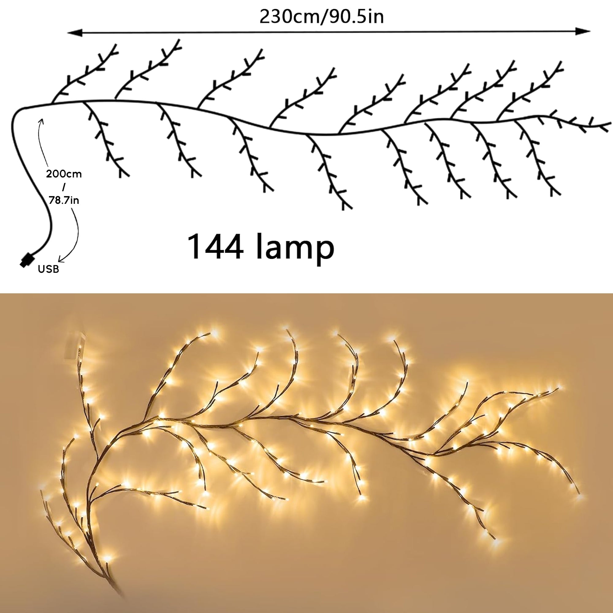 7.55 ft USB Flexible Branch Wall Lights – 144 LED Indoor Vine Decor