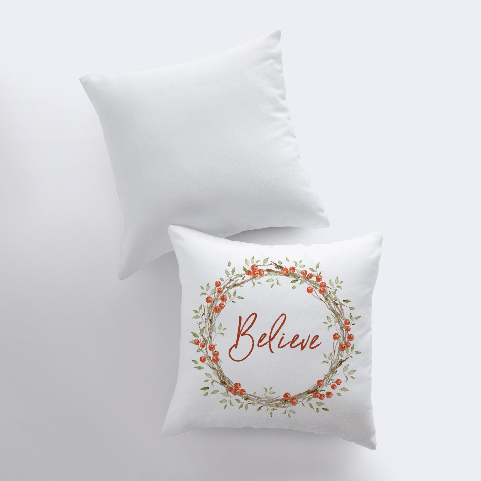 Believe with Berry Wreath Christmas Throw Pillow Cover