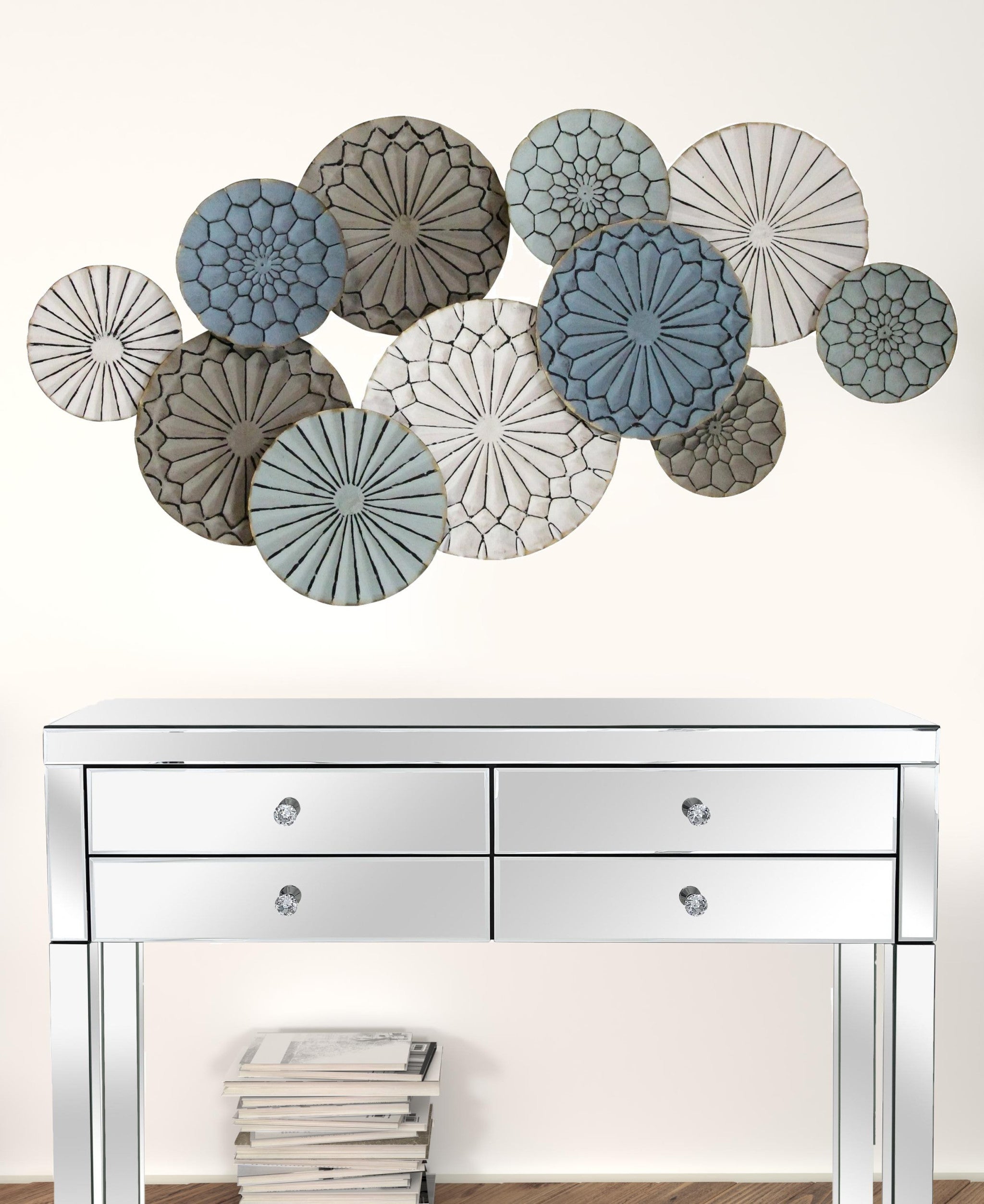 Boho Blue Green Ivory Metal Plates Wall Decor – Handcrafted & Textured