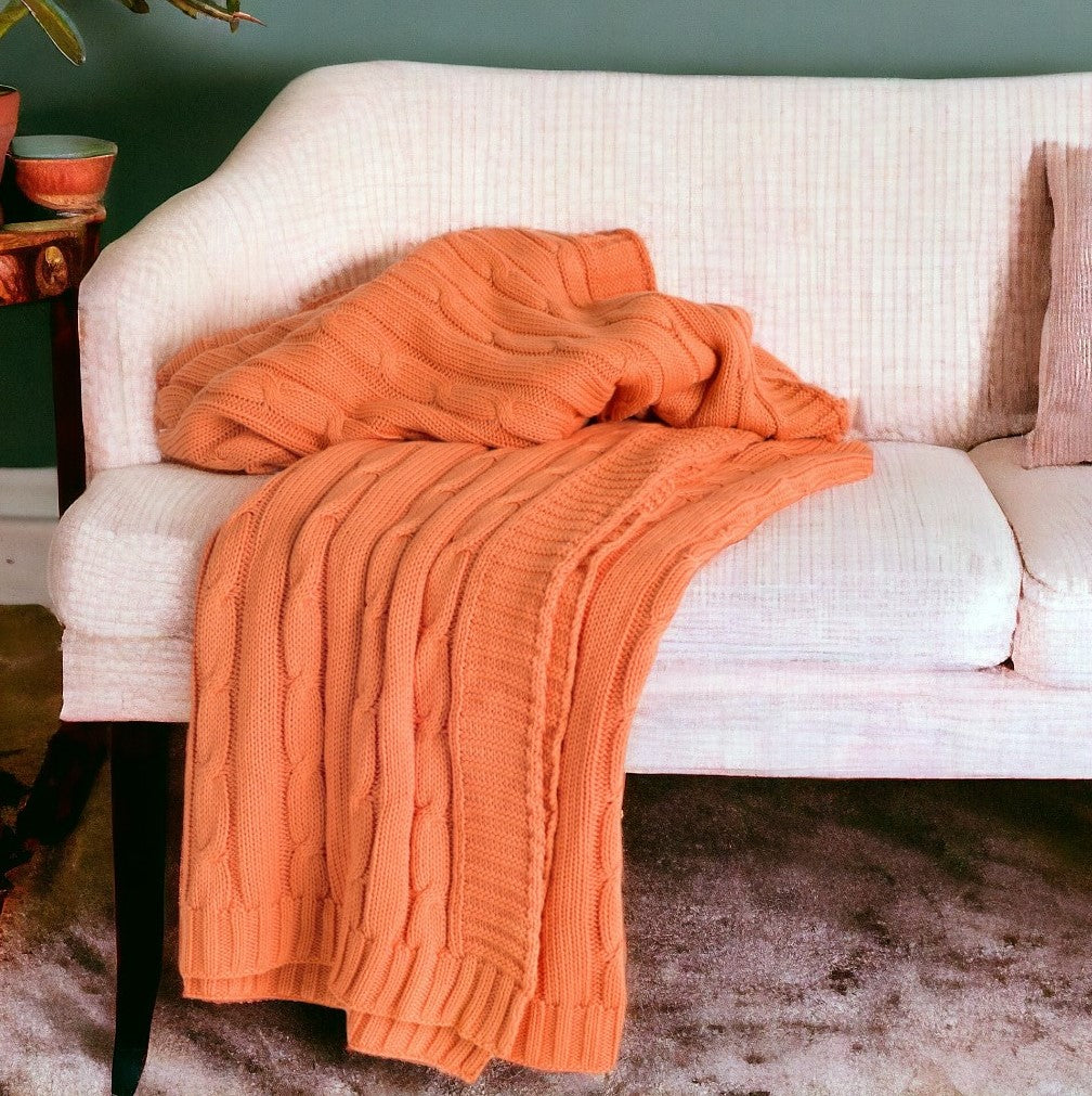 Orange Knitted Cotton Throw Blanket – 50" x 50"