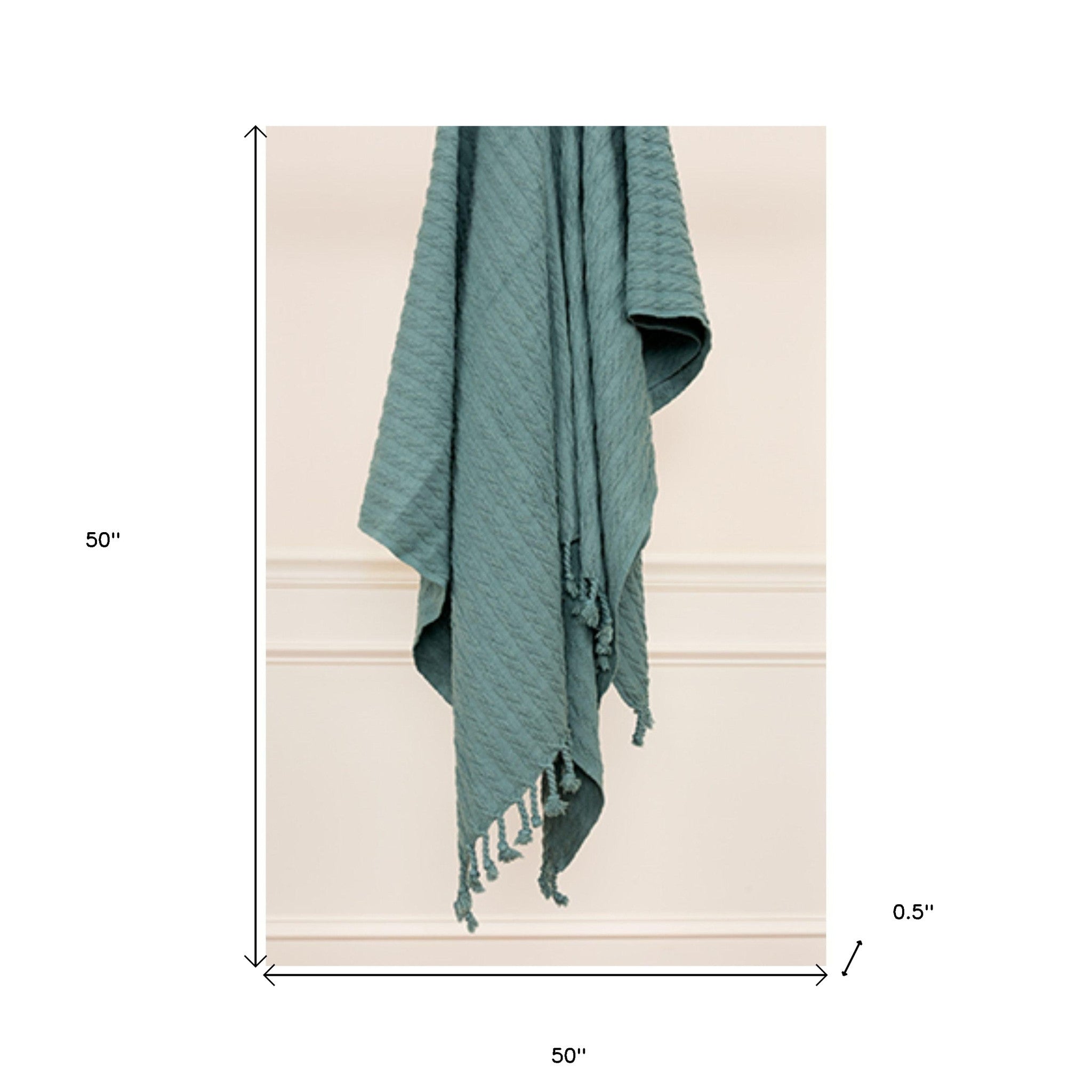 Teal Cotton Cable Knit Throw Blanket with Tassels – 50" x 60"