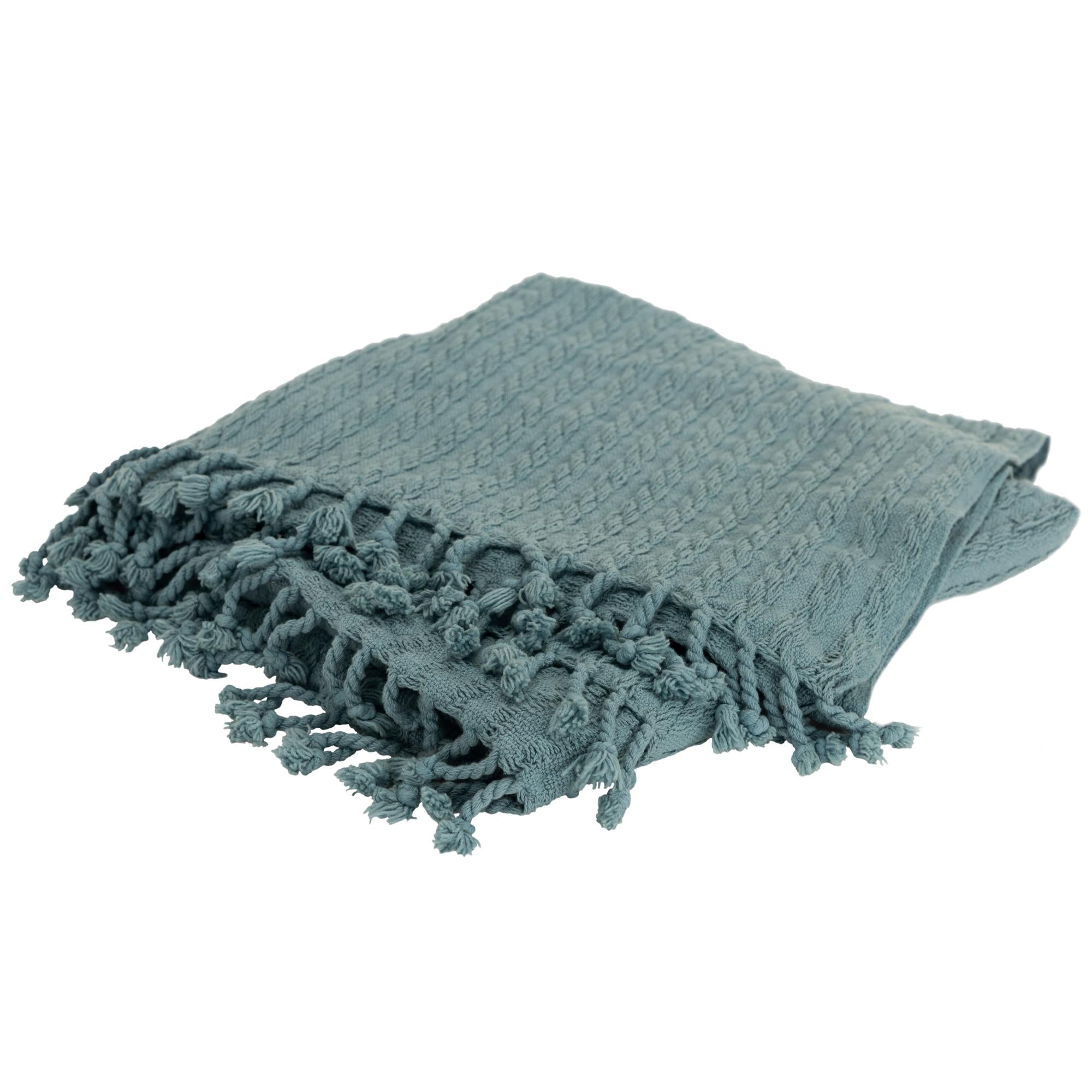 Teal Cotton Cable Knit Throw Blanket with Tassels – 50" x 60"