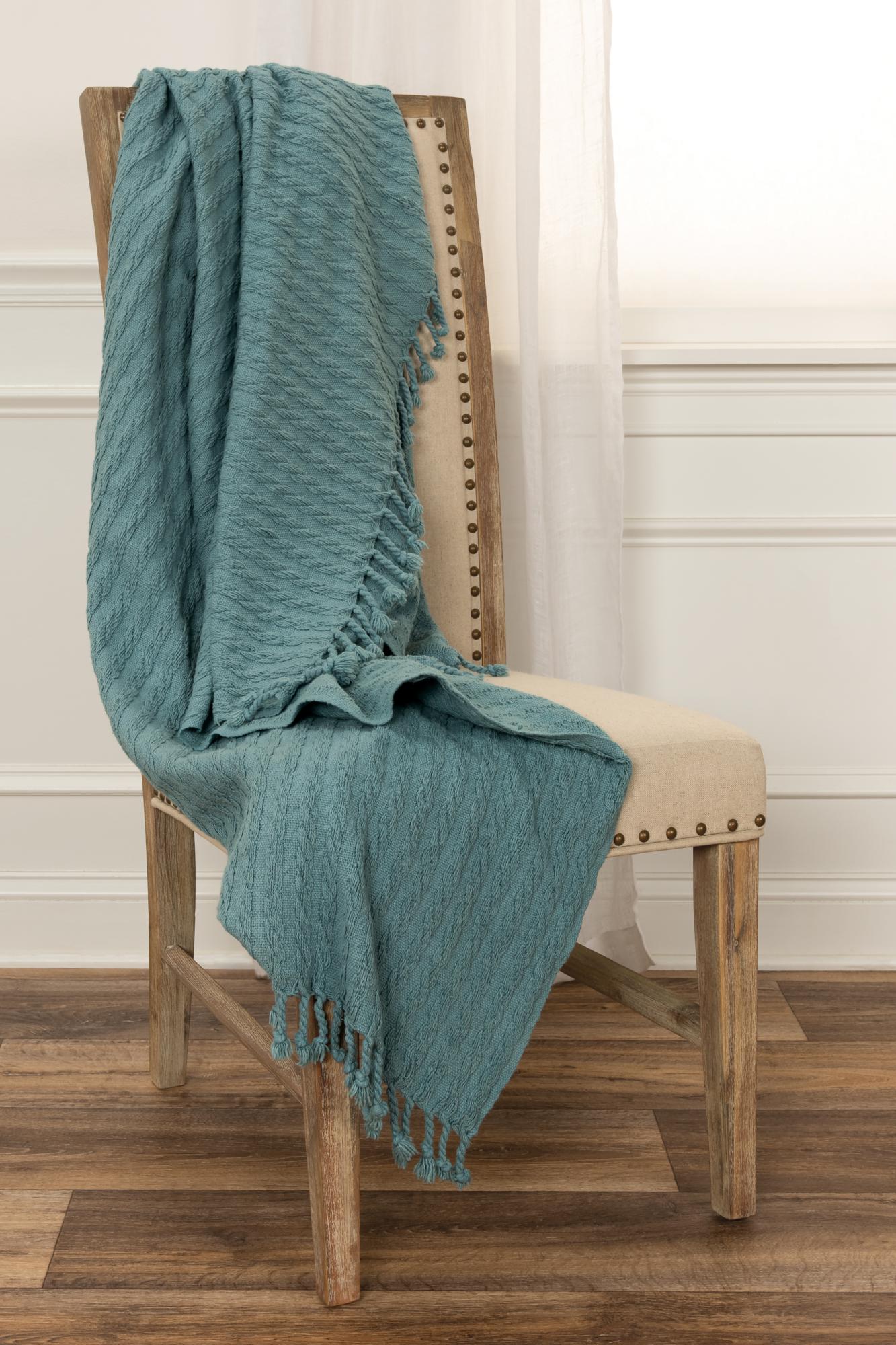 Teal Cotton Cable Knit Throw Blanket with Tassels – 50" x 60"