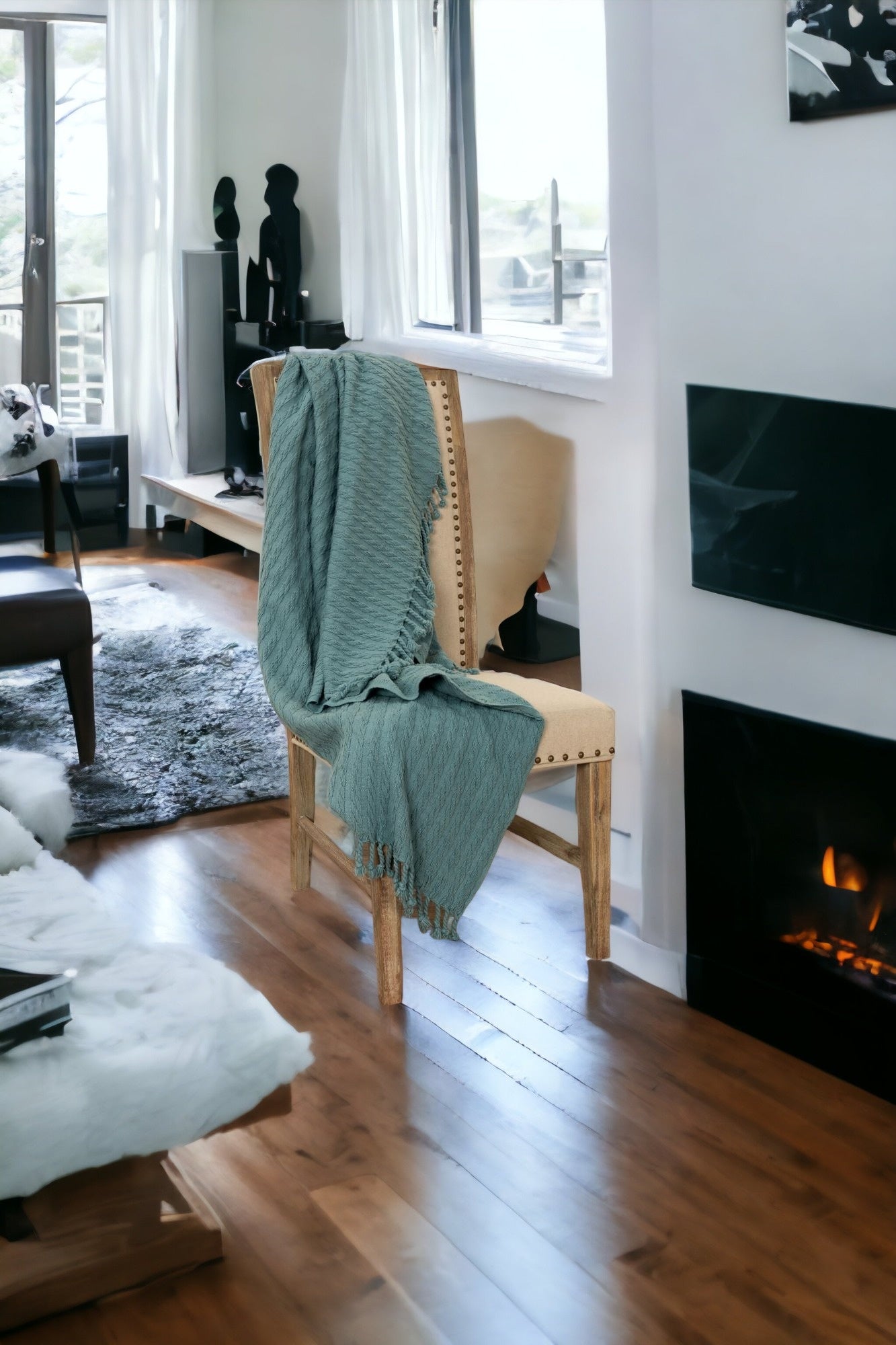 Teal Cotton Cable Knit Throw Blanket with Tassels – 50" x 60"