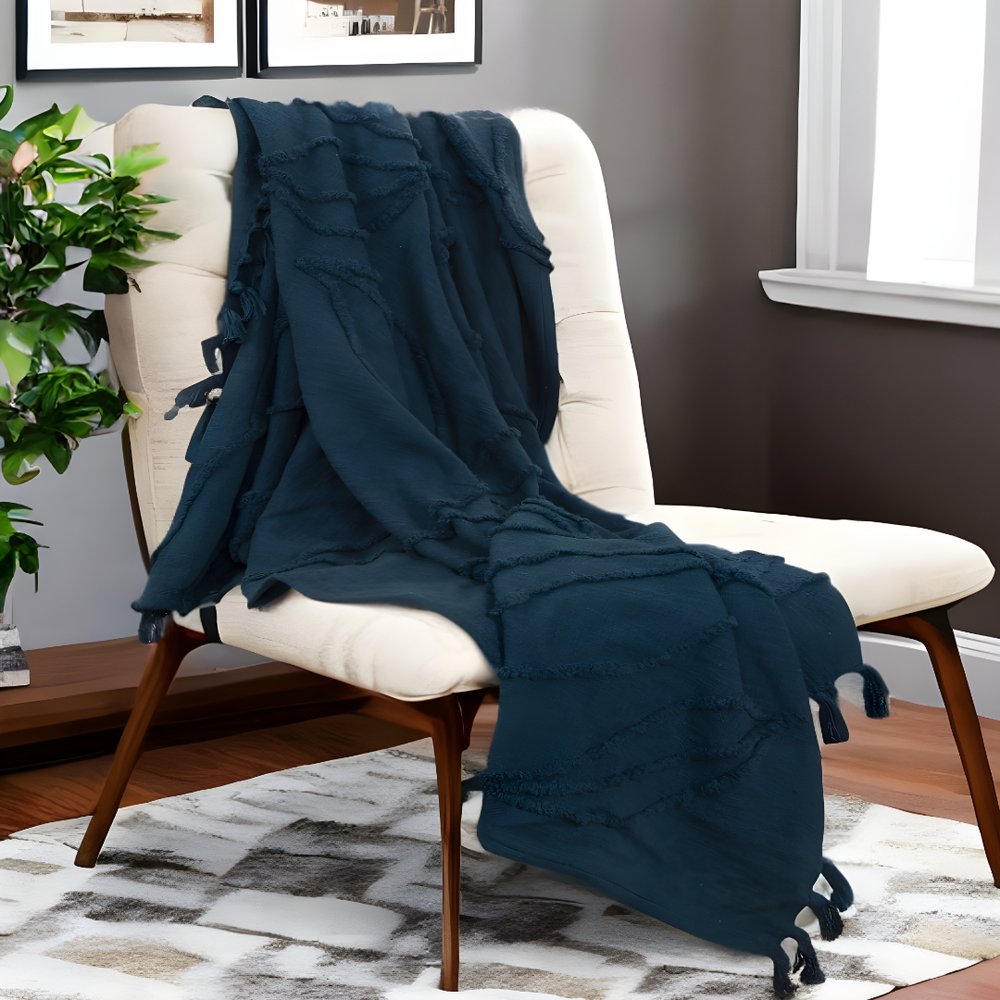 Teal Blue Woven 100% Textured Cotton Throw Blanket – 50" x 50"