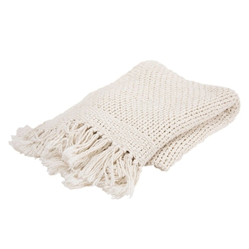 White Cotton Knitted Throw Blanket with Fringe