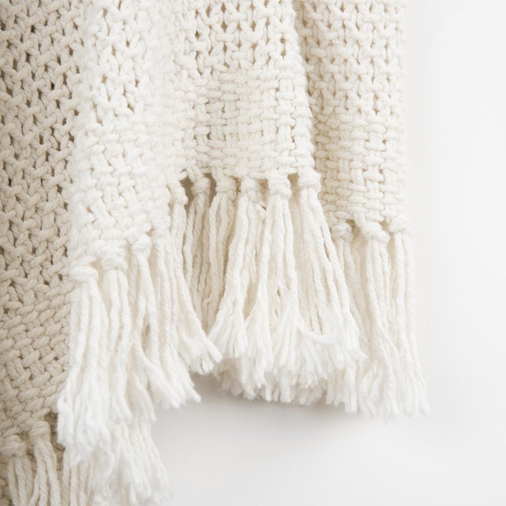 White Cotton Knitted Throw Blanket with Fringe