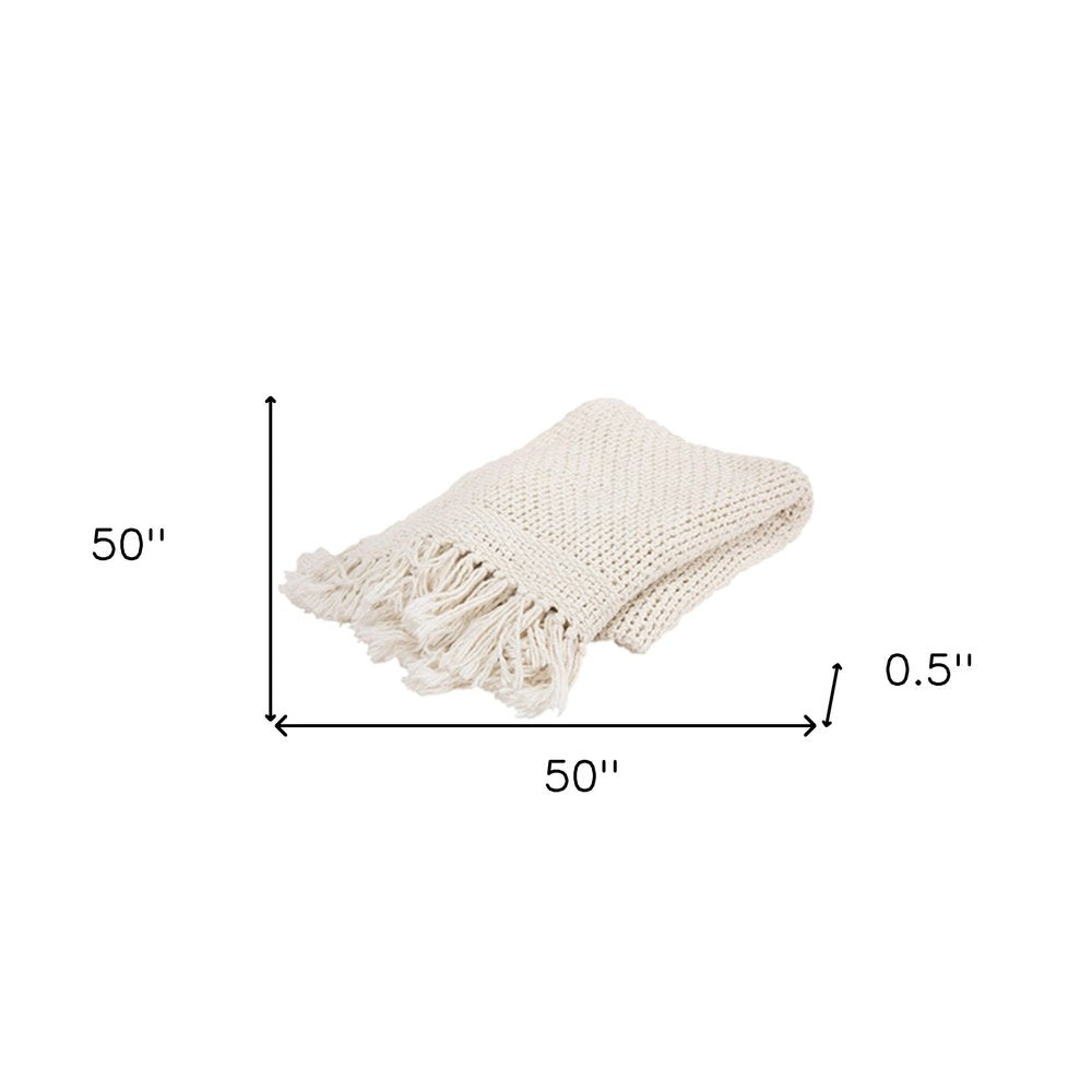 White Cotton Knitted Throw Blanket with Fringe