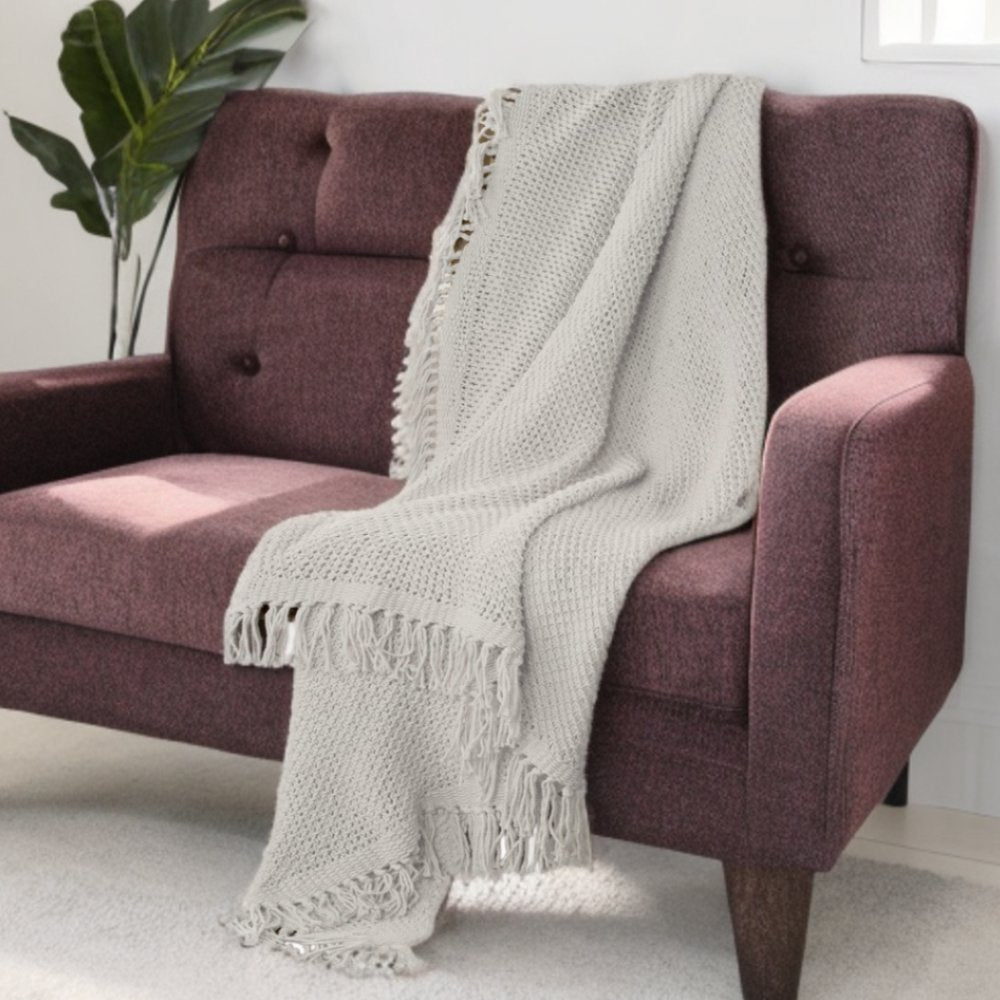 White Cotton Knitted Throw Blanket with Fringe