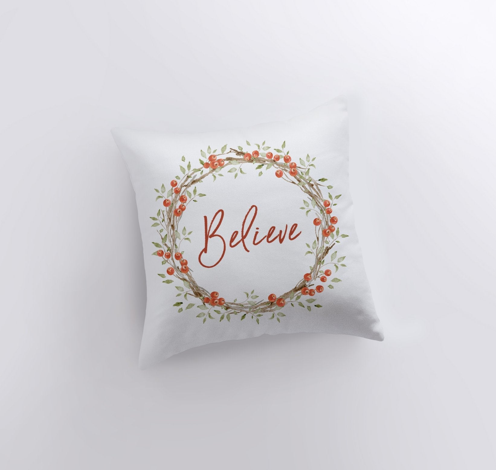 Believe with Berry Wreath Christmas Throw Pillow Cover