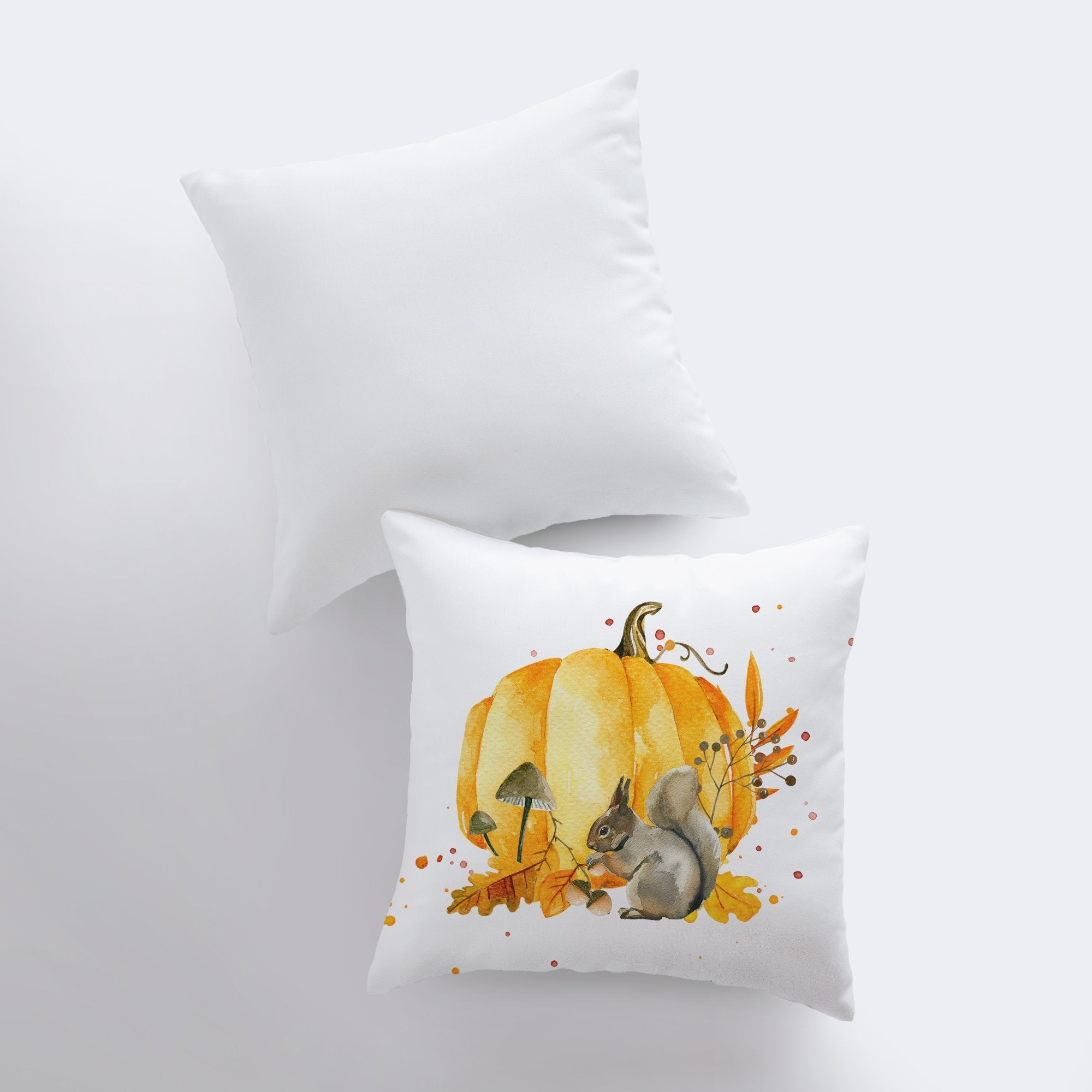 Pumpkin Harvest Throw Pillow Cover – Fall Woodland Accent with Squirrel & Mushrooms