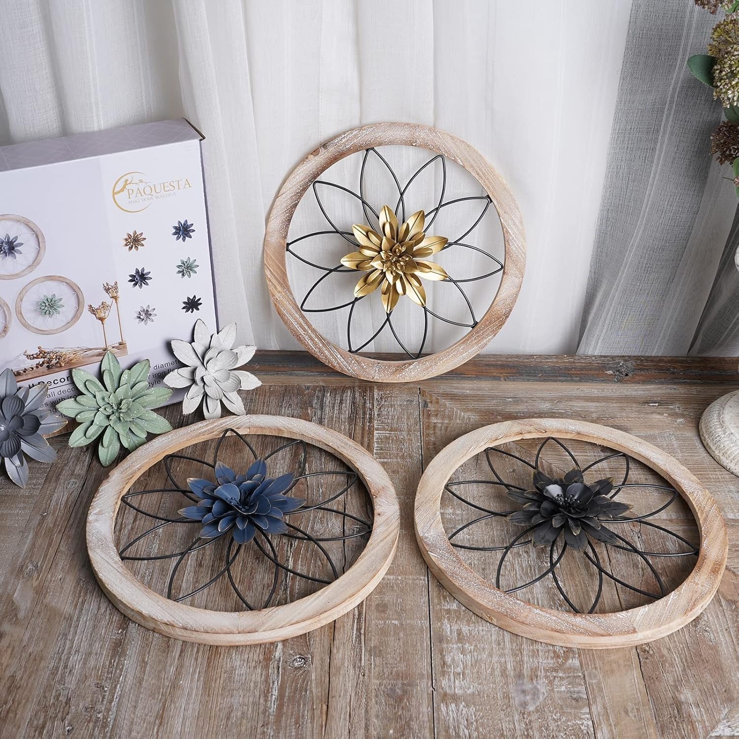 Round Farmhouse Wall Decor – 3-Piece Rustic Floral Medallion Set