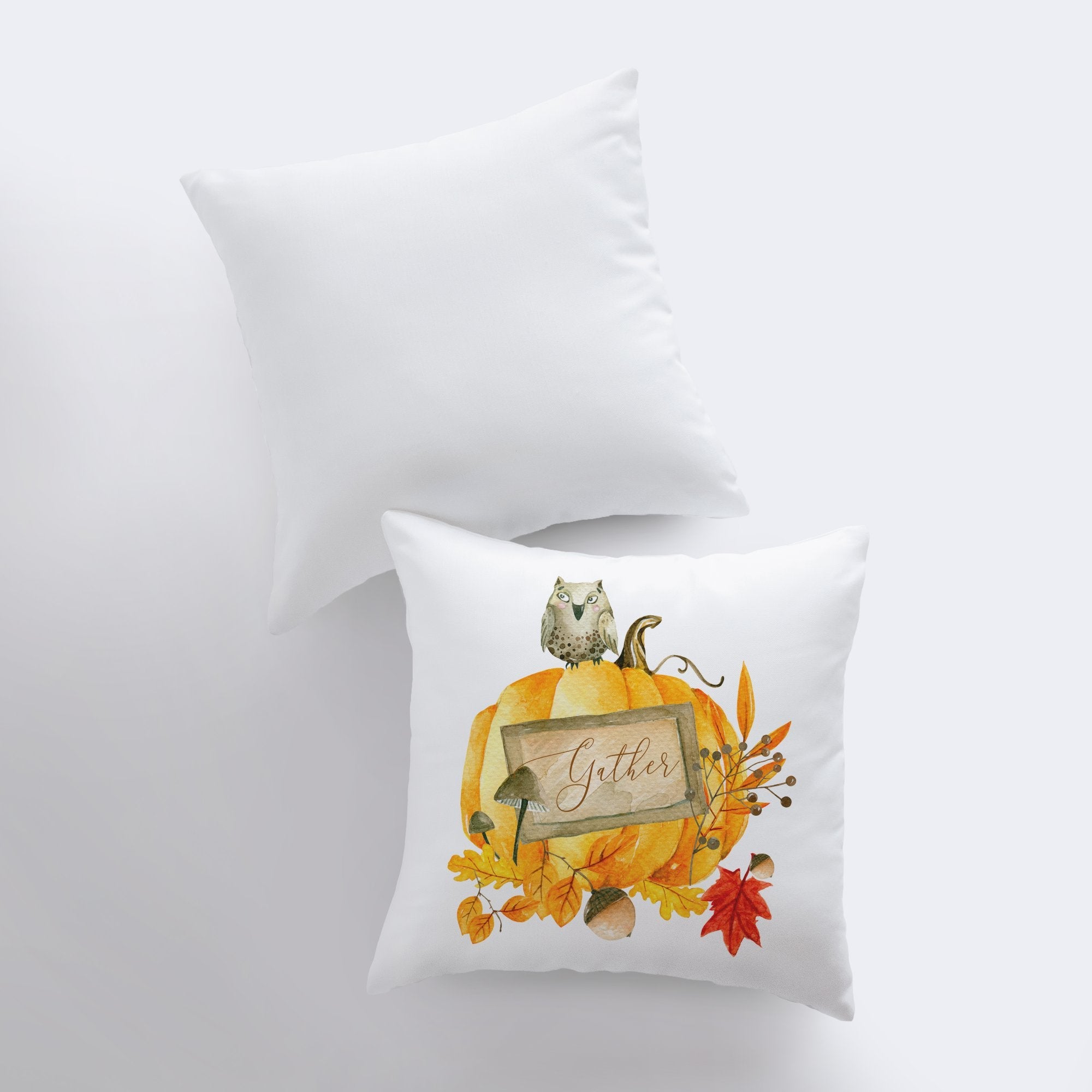 Gather Pumpkin Throw Pillow Cover – Fall Woodland Accent with Owl & Pumpkins