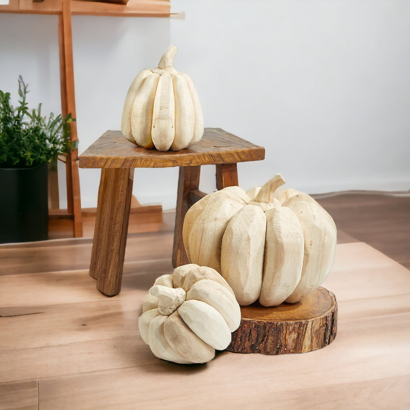 Farmhouse Pumpkin Trio – Hand-Crafted Wooden Pumpkins