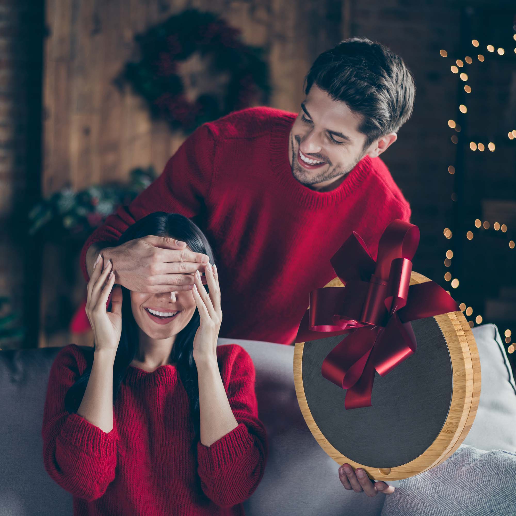 Round Bamboo Cheese Board with Knife Set & Removable Slate – 12"