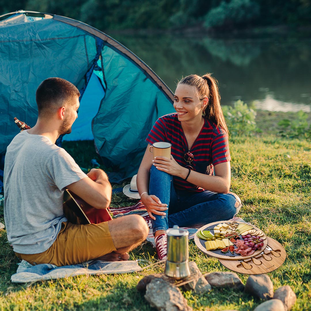 Round Bamboo Cheese Board with Knife Set & Removable Slate – 12"