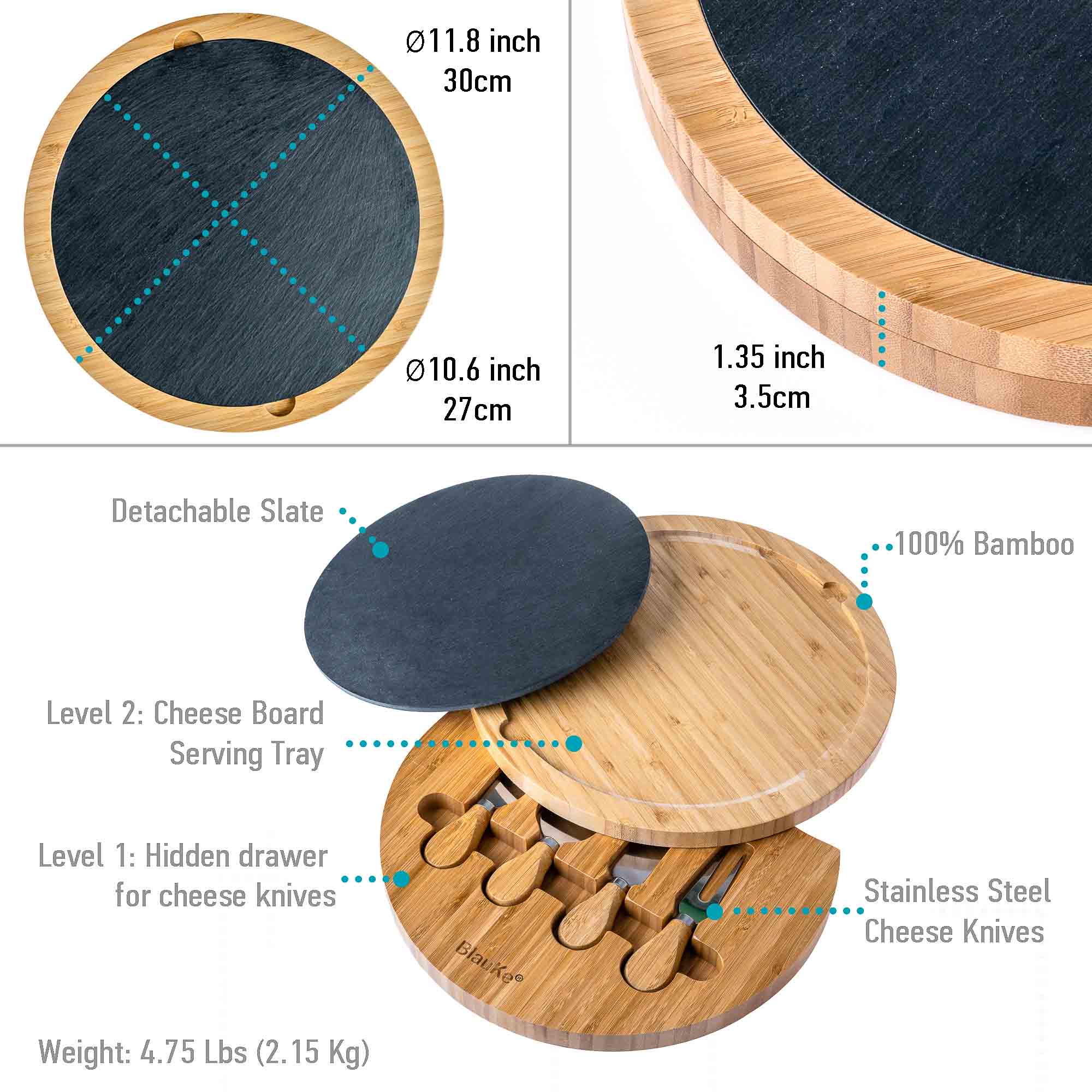 Round Bamboo Cheese Board with Knife Set & Removable Slate – 12"