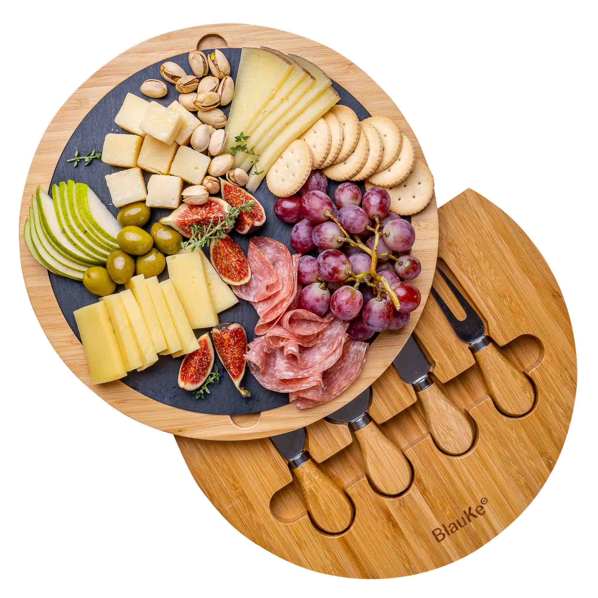 Round Bamboo Cheese Board with Knife Set & Removable Slate – 12"