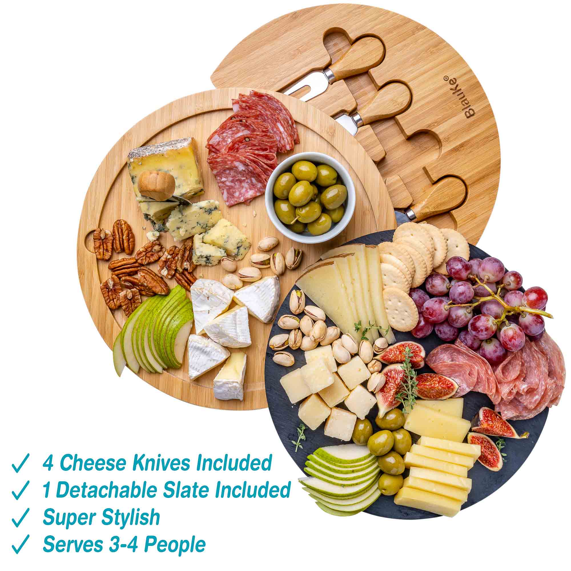 Round Bamboo Cheese Board with Knife Set & Removable Slate – 12"