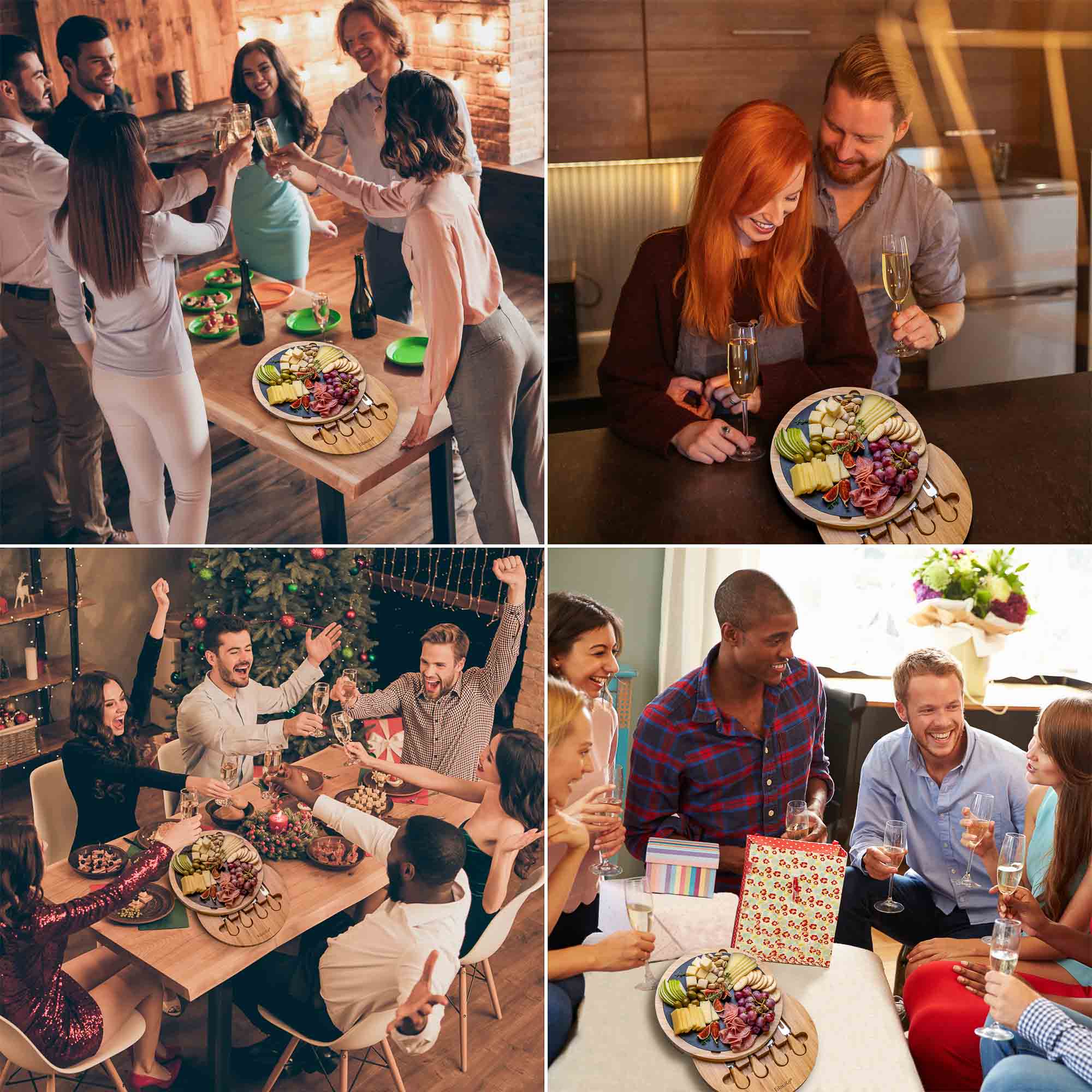 Round Bamboo Cheese Board with Knife Set & Removable Slate – 12"