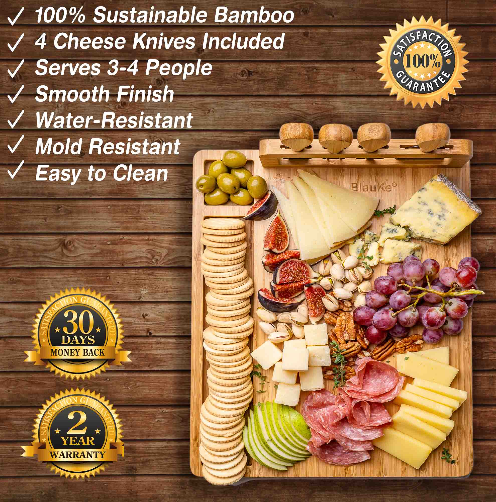 Bamboo Cheese Board & Knife Set – 14x11" Charcuterie Board