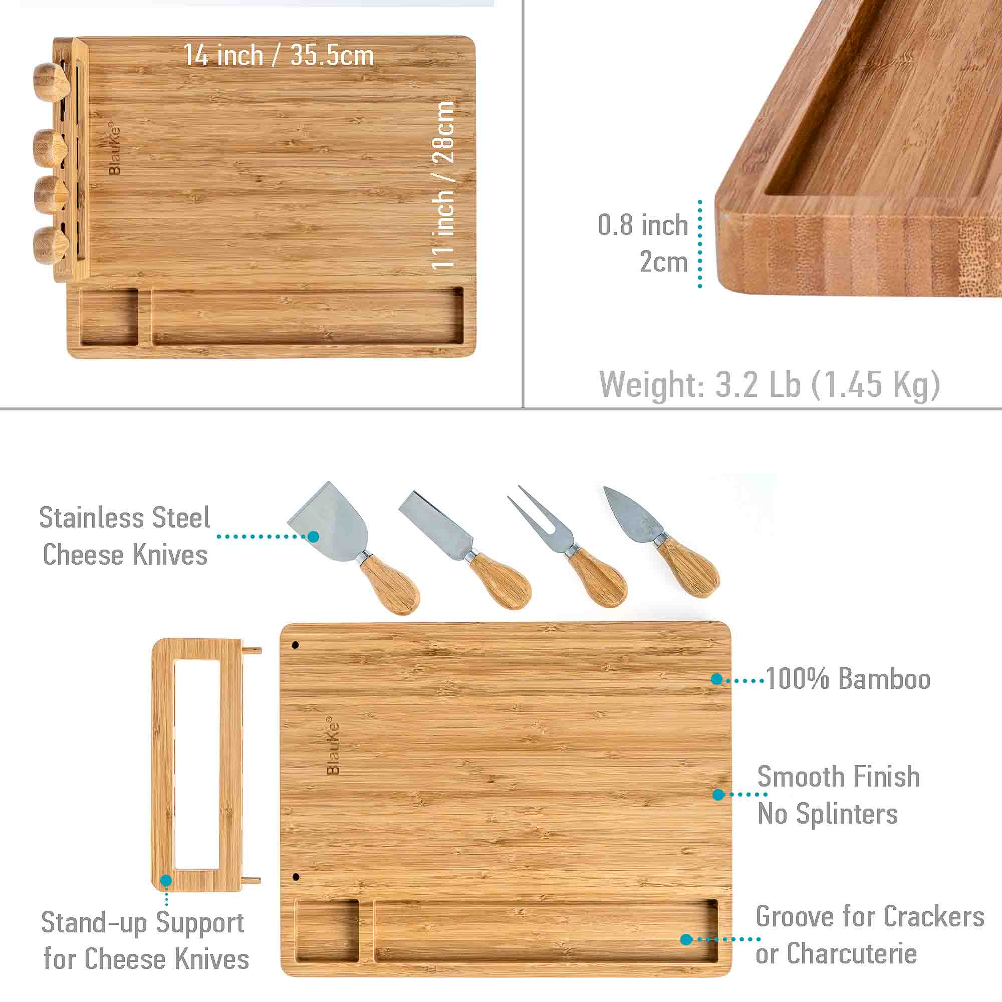 Bamboo Cheese Board & Knife Set – 14x11" Charcuterie Board