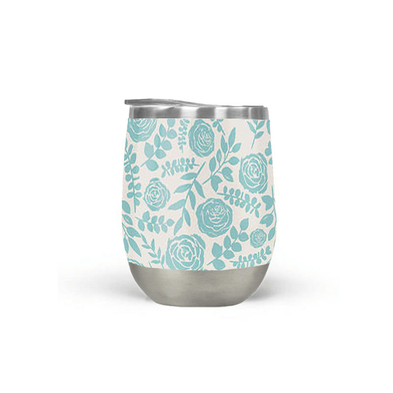Baby Blue Floral Wine Tumbler – 12oz Stainless Steel