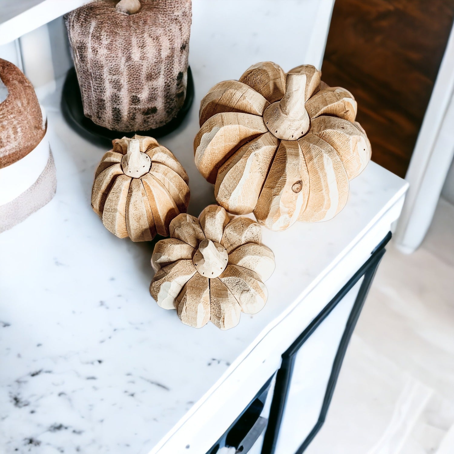 Farmhouse Pumpkin Trio – Hand-Crafted Wooden Pumpkins