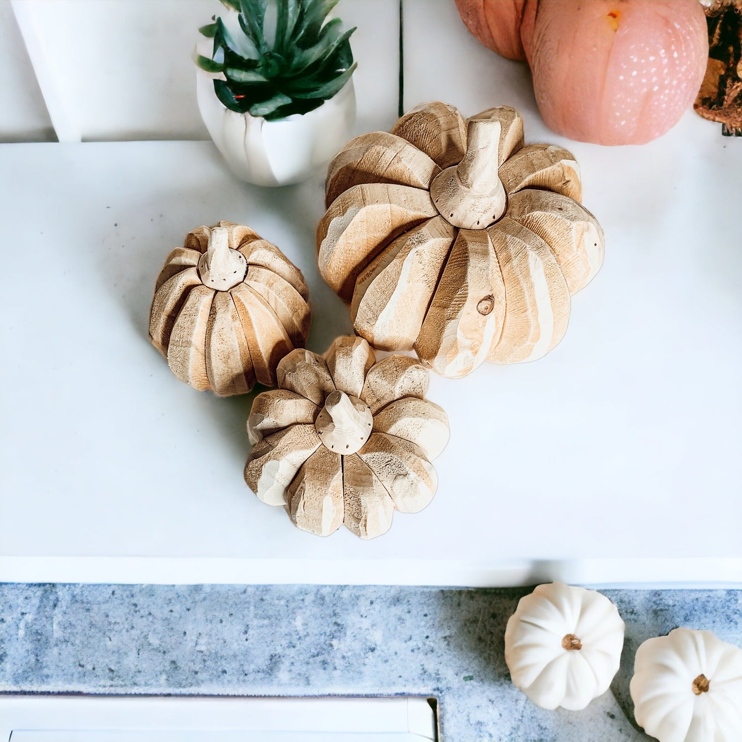 Farmhouse Pumpkin Trio – Hand-Crafted Wooden Pumpkins