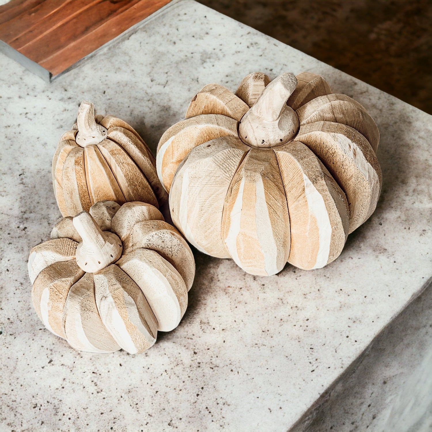 Farmhouse Pumpkin Trio – Hand-Crafted Wooden Pumpkins