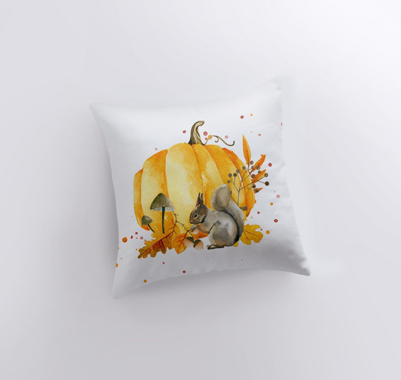 Pumpkin Harvest Throw Pillow Cover – Fall Woodland Accent with Squirrel & Mushrooms