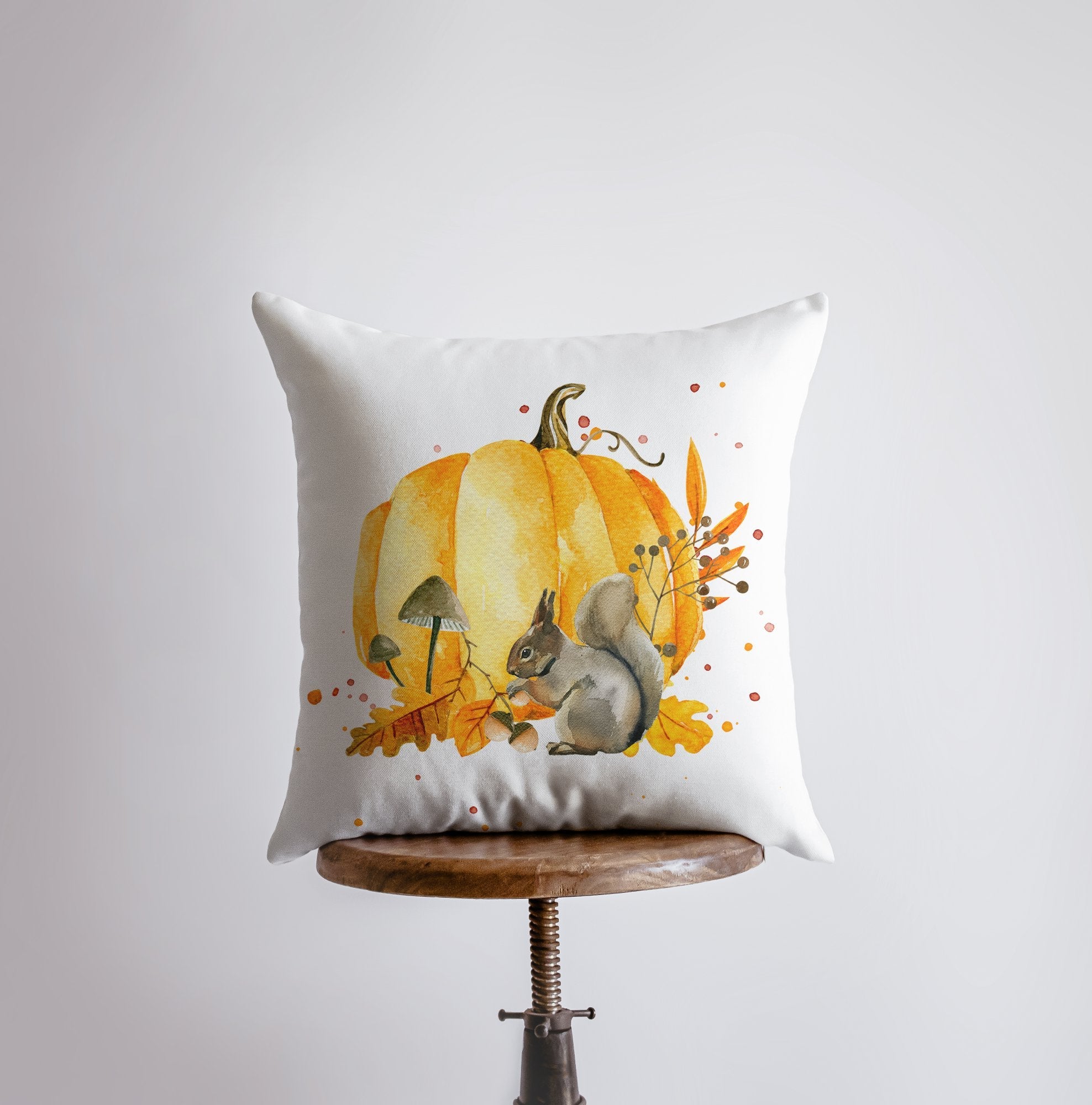 Pumpkin Harvest Throw Pillow Cover – Fall Woodland Accent with Squirrel & Mushrooms