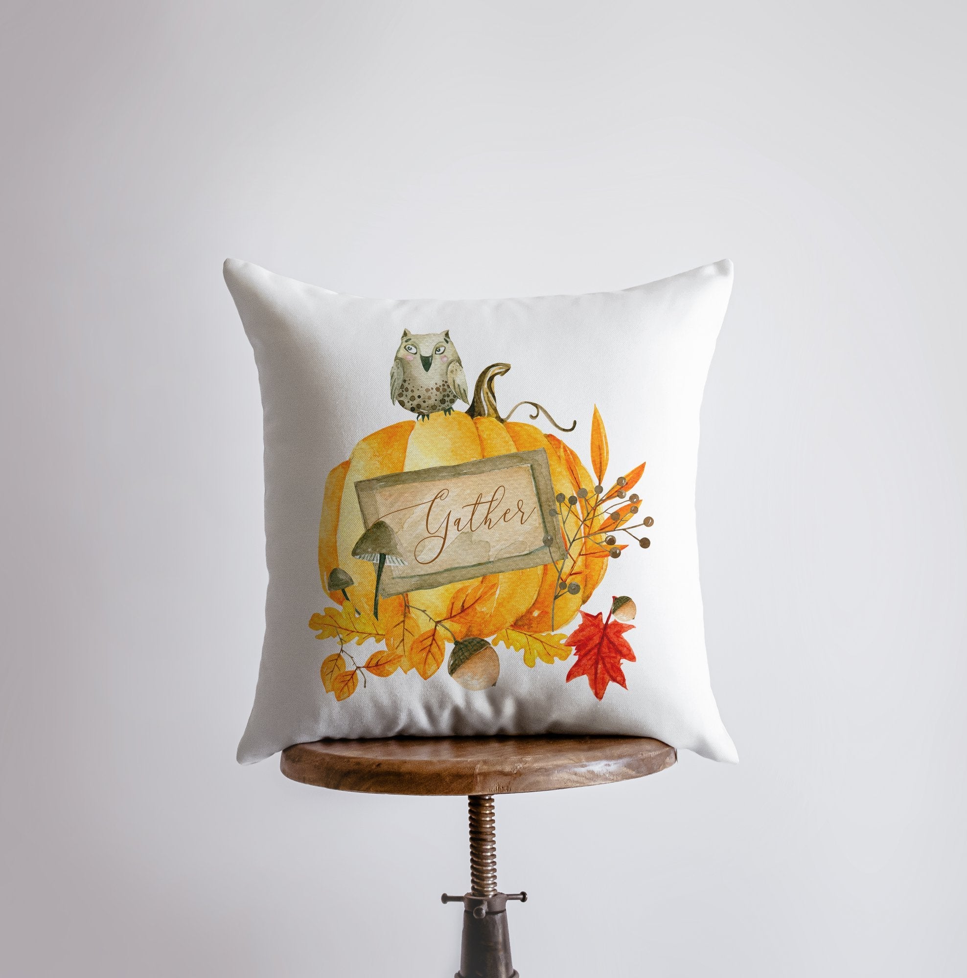 Gather Pumpkin Throw Pillow Cover – Fall Woodland Accent with Owl & Pumpkins