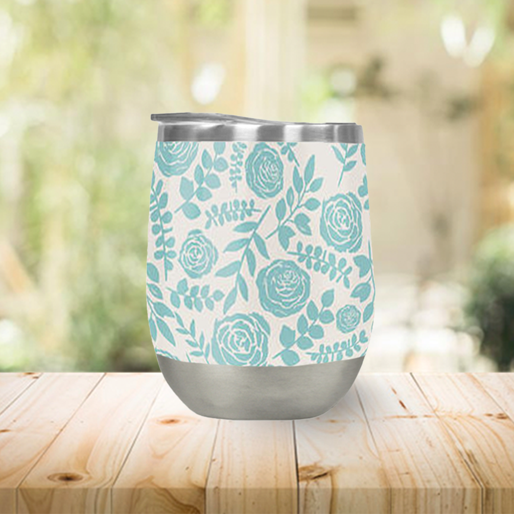 Baby Blue Floral Wine Tumbler – 12oz Stainless Steel