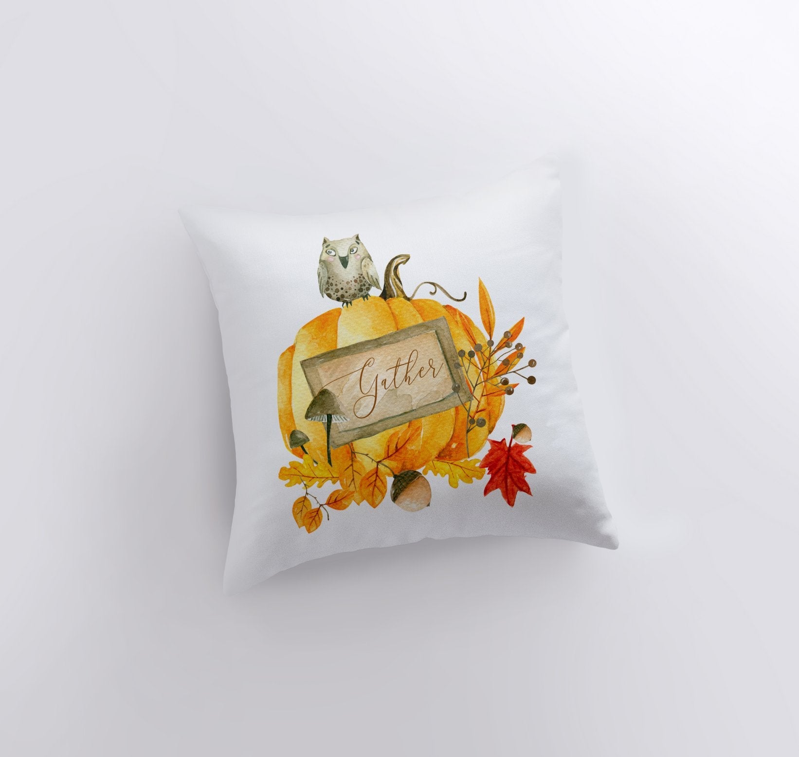 Gather Pumpkin Throw Pillow Cover – Fall Woodland Accent with Owl & Pumpkins