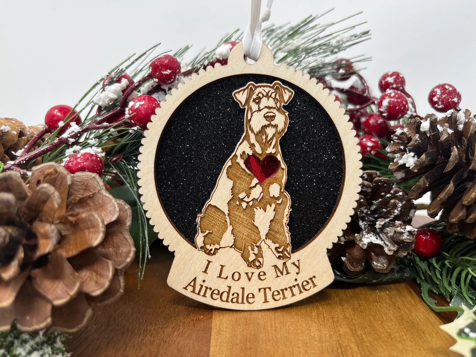 Love My Airedale Terrier – Laser Engraved Round Wooden Ornament