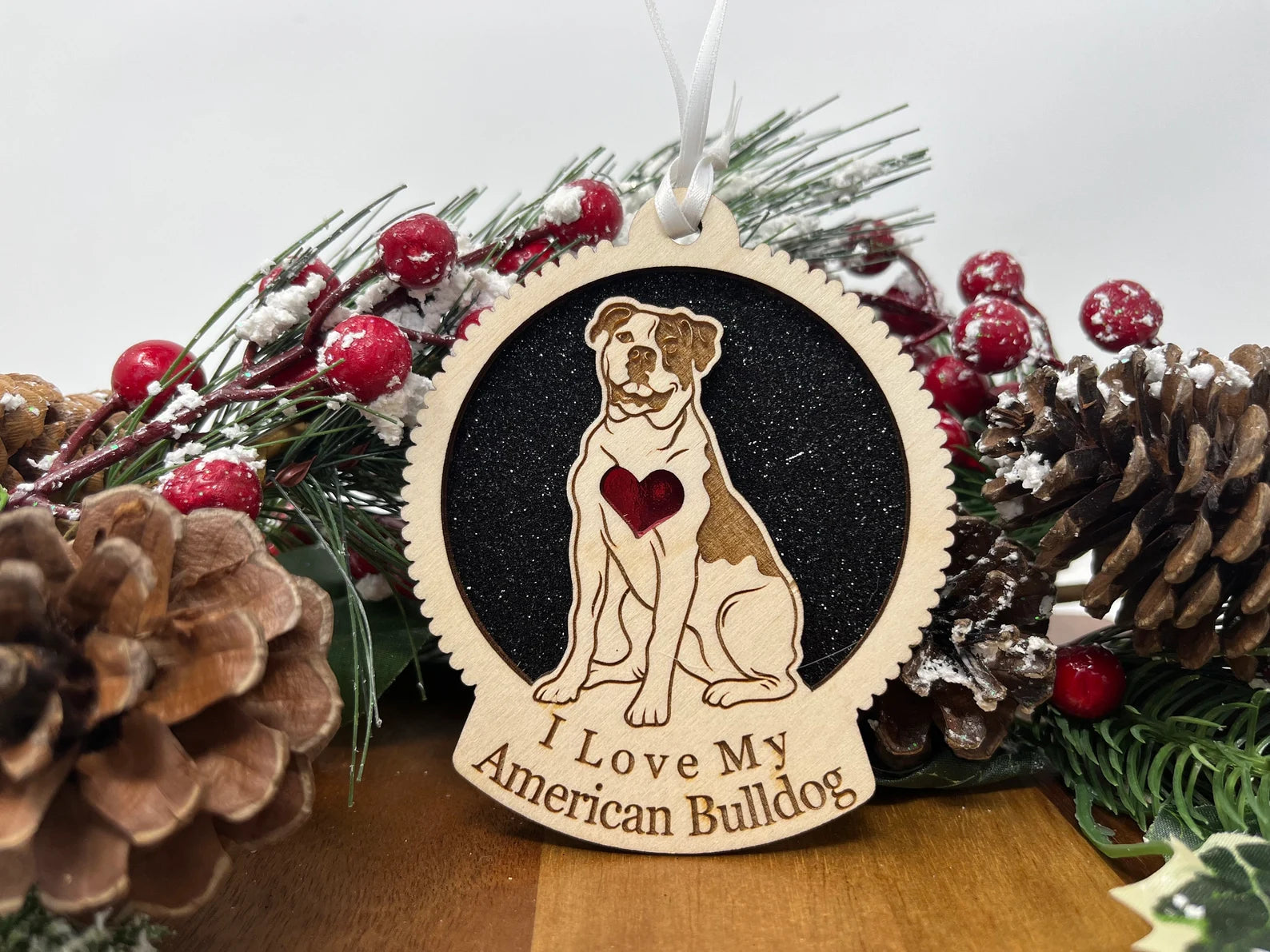 Love My American Bulldog – Laser Engraved Round Wooden Ornament