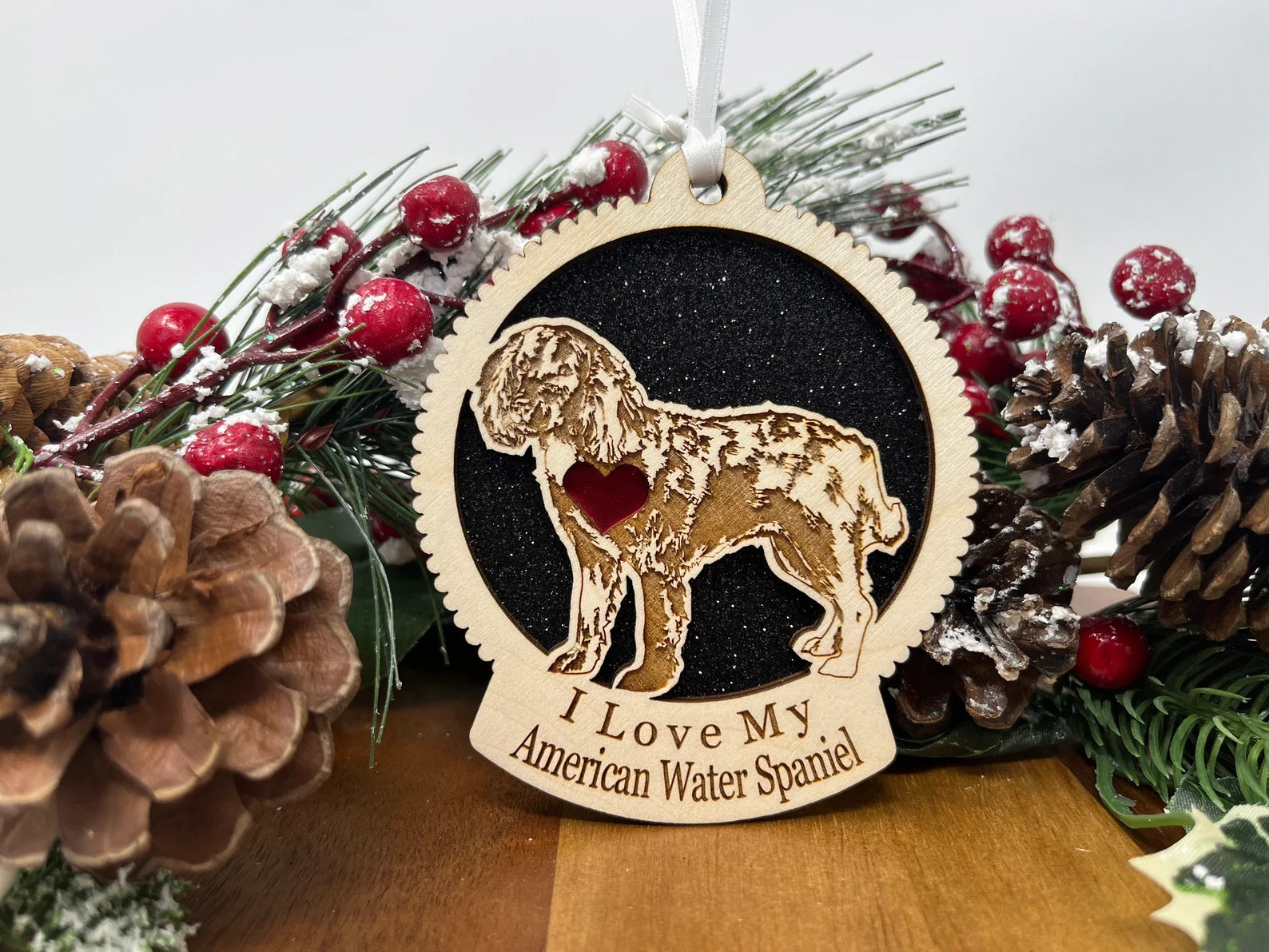 Love My American Water Spaniel – Laser Engraved Round Wooden Ornament