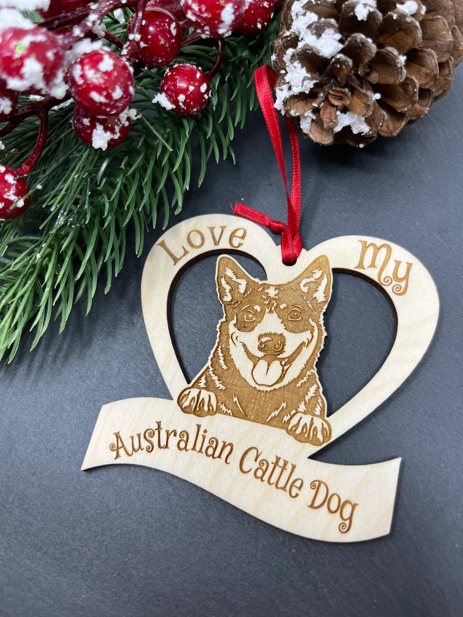 Love My Australian Cattle Dog – Laser Engraved Wooden Heart Ornament