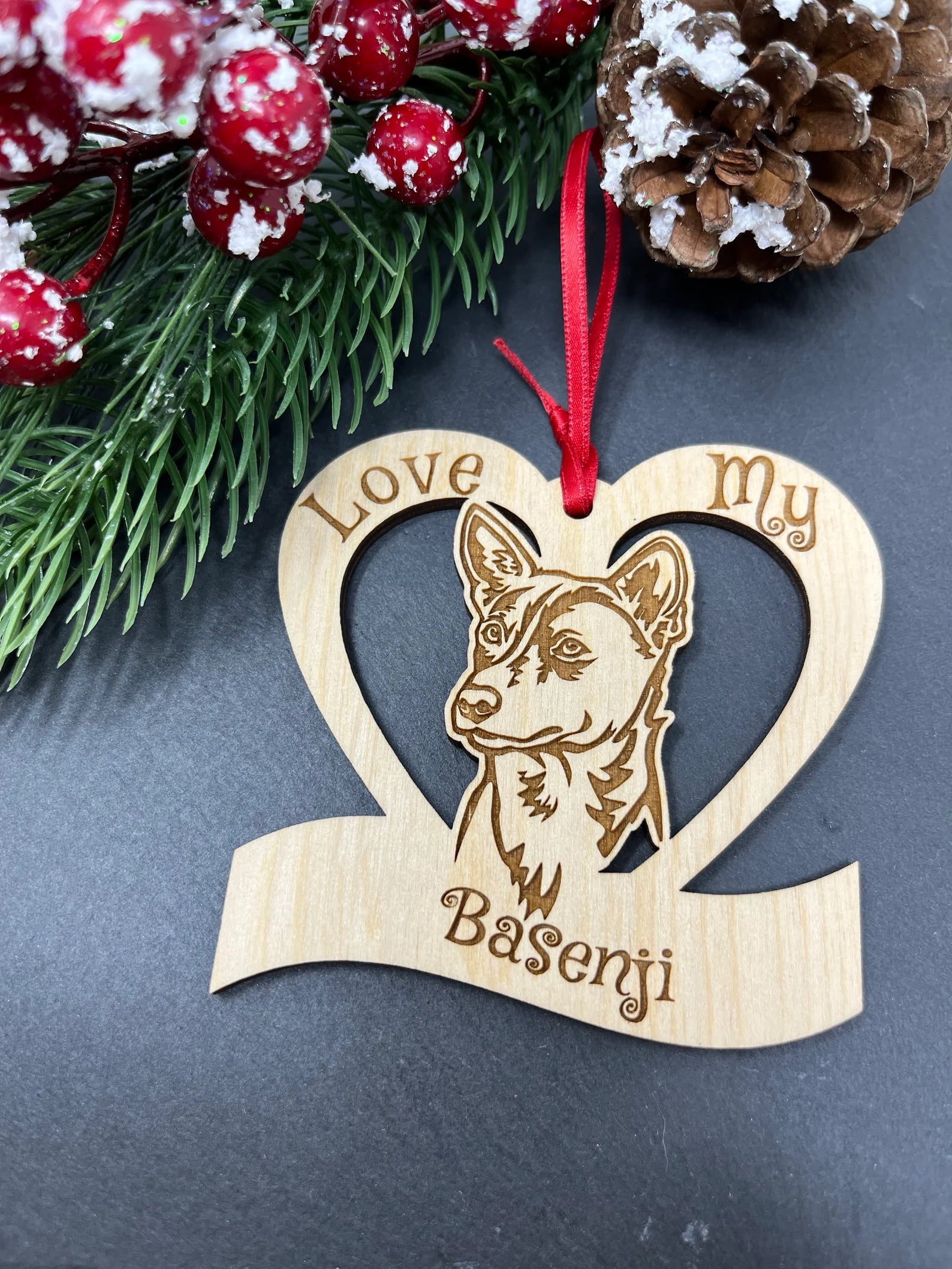 Love My Basenji – Laser Engraved Wooden Heart Ornament