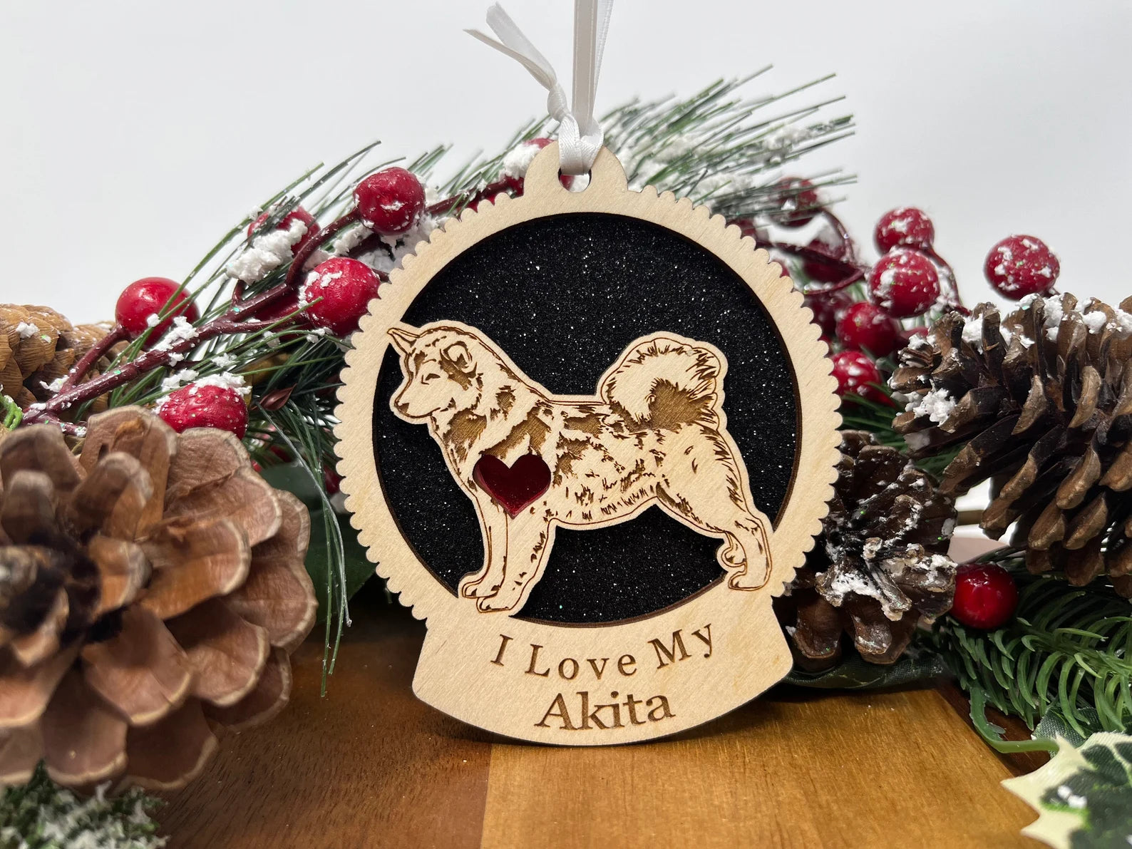 Love My Akita – Laser Engraved Round Wooden Ornament