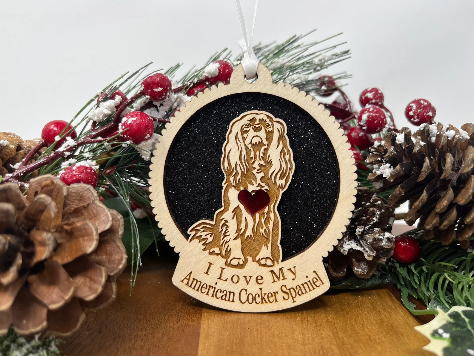 Love My American Cocker Spaniel – Laser Engraved Round Wooden Ornament