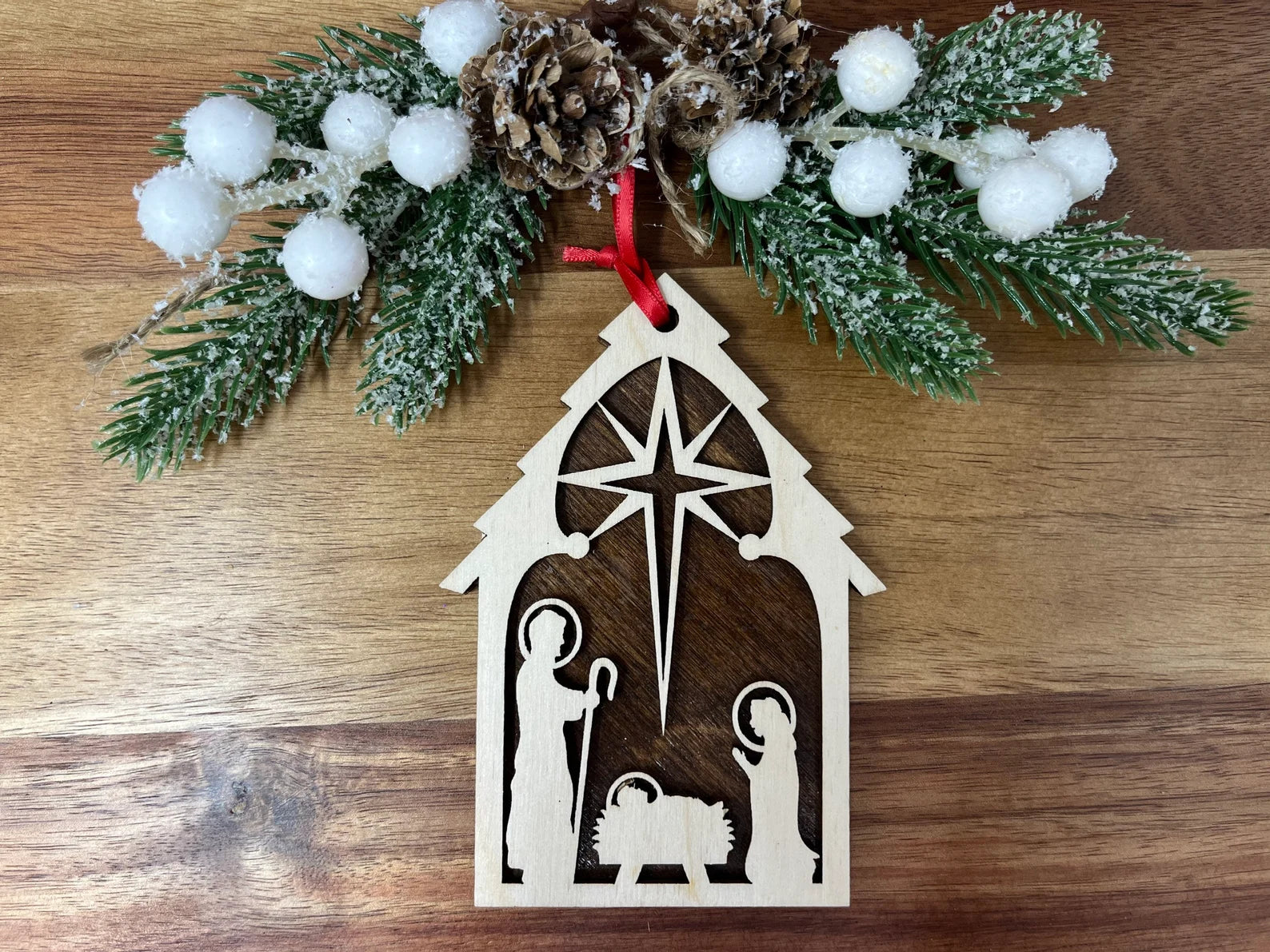 Nativity with Wood Backing – Laser Engraved Wooden Ornament