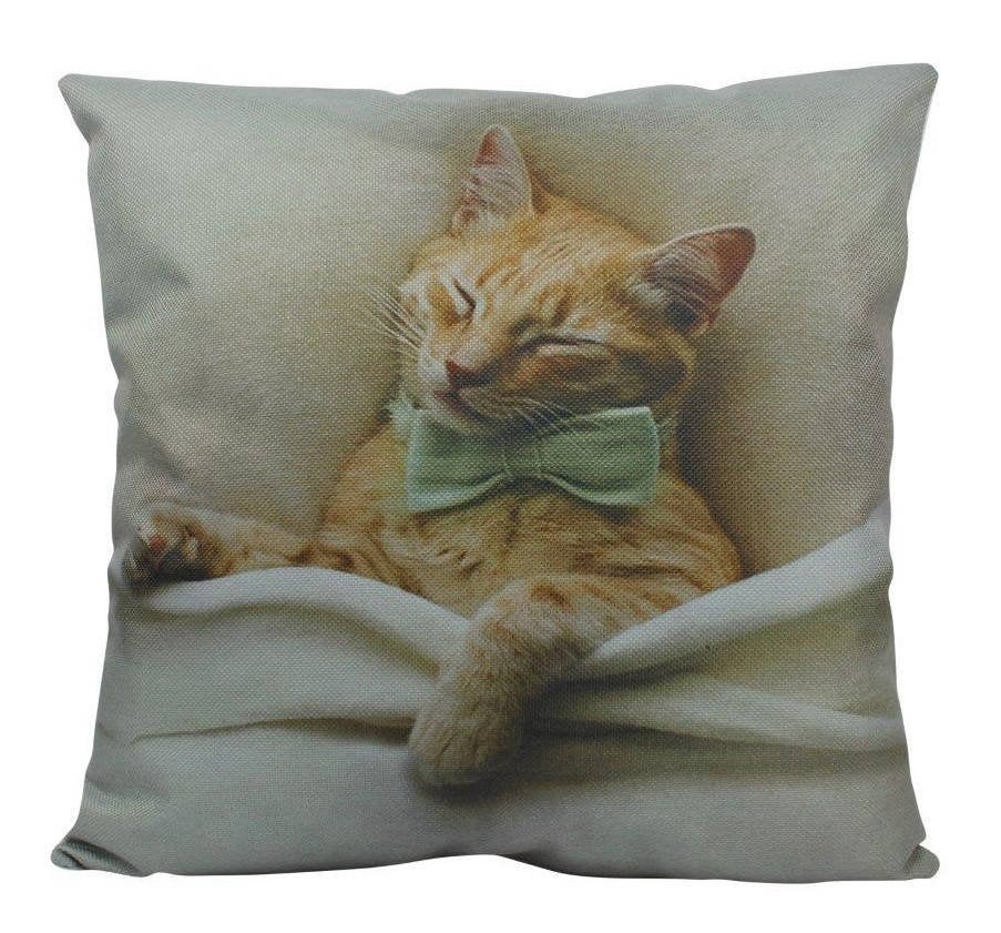 Cute Cat Throw Pillow Cover – Orange Kitty in Bow Tie Sleeping Under Covers