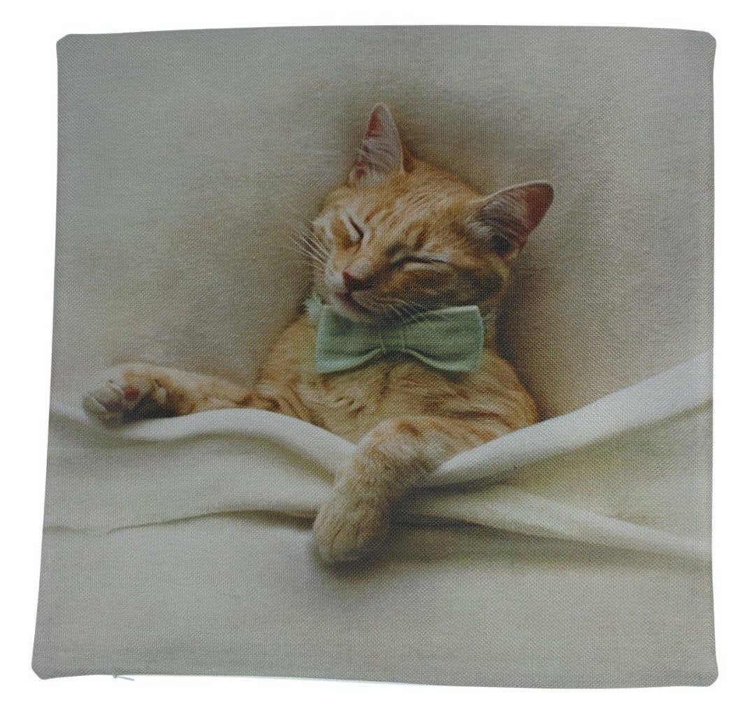 Cute Cat Throw Pillow Cover – Orange Kitty in Bow Tie Sleeping Under Covers
