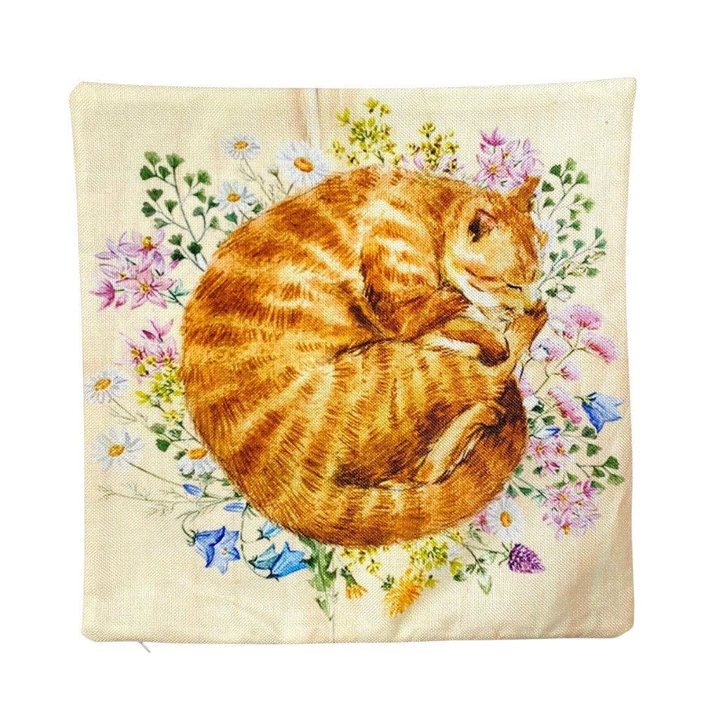 Ginger Cat Throw Pillow Cover – Watercolor Cat on Wildflowers