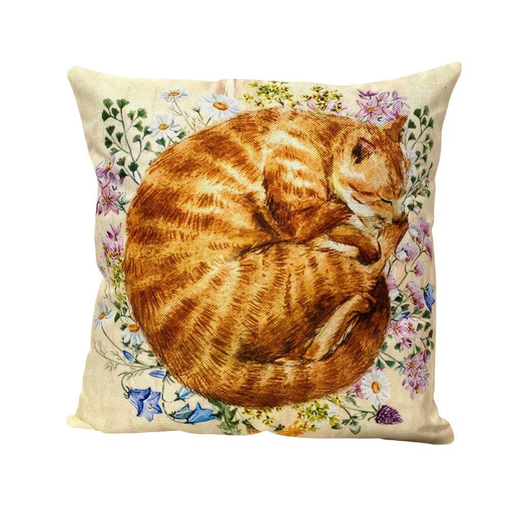 Ginger Cat Throw Pillow Cover – Watercolor Cat on Wildflowers