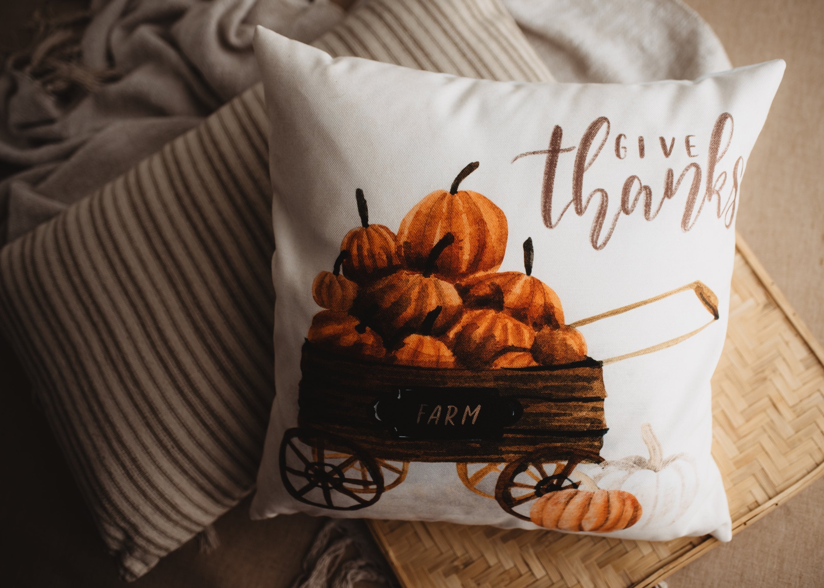 Give Thanks Throw Pillow Cover – Thanksgiving Farmhouse Accent