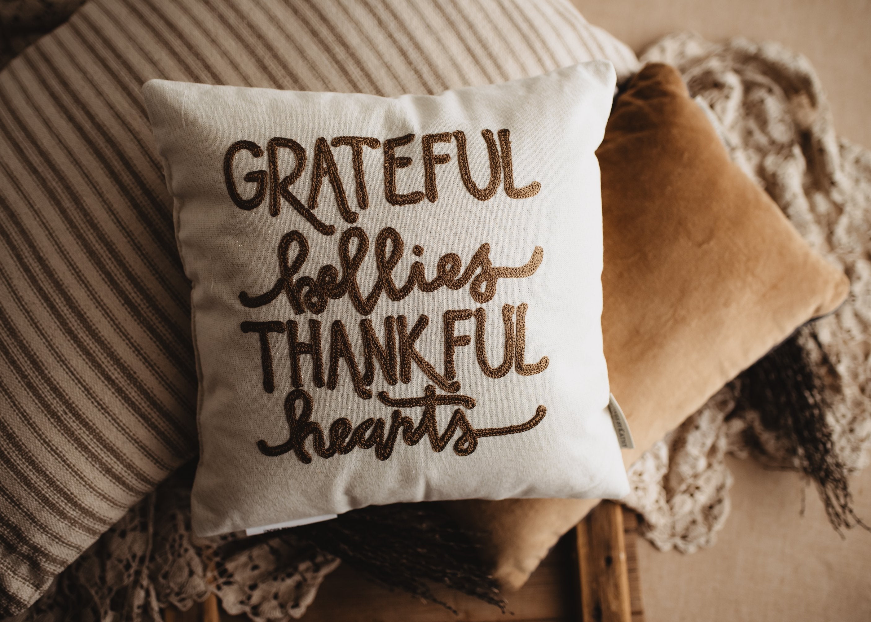 Grateful Bellies Thankful Hearts Throw Pillow
