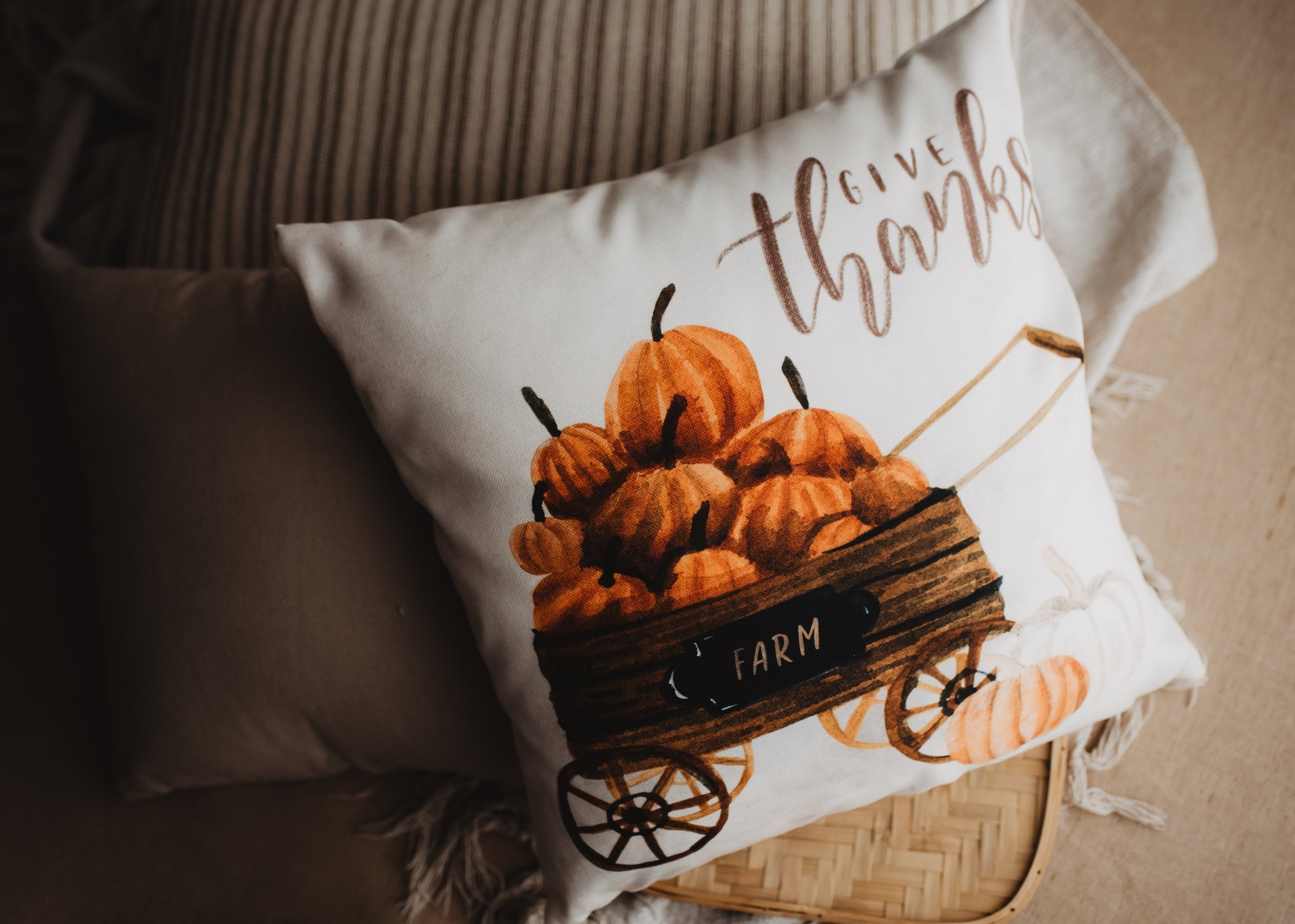 Give Thanks Throw Pillow Cover – Thanksgiving Farmhouse Accent